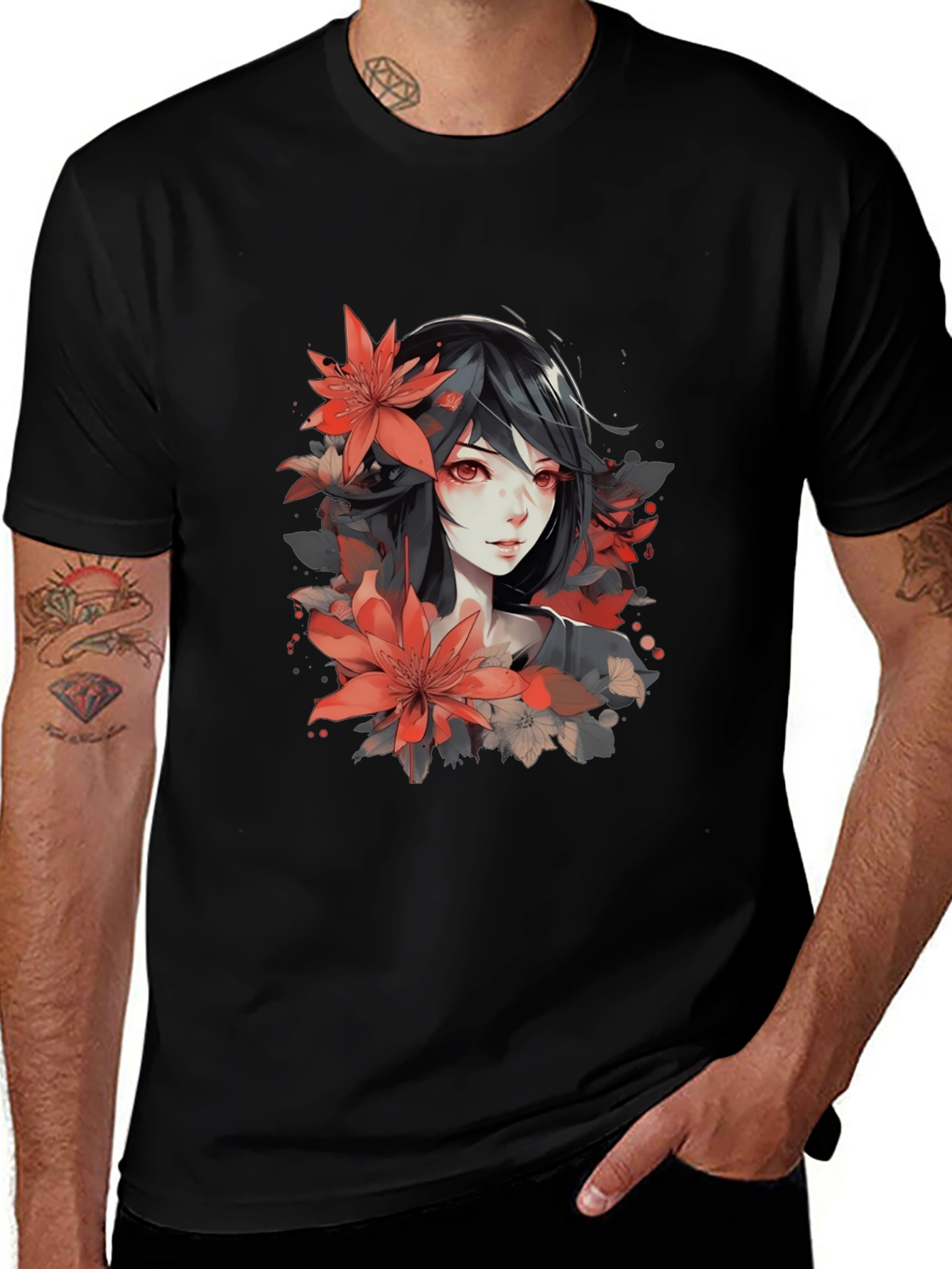 Anime Girl Floral T-Shirt - Stylish Graphic Tee