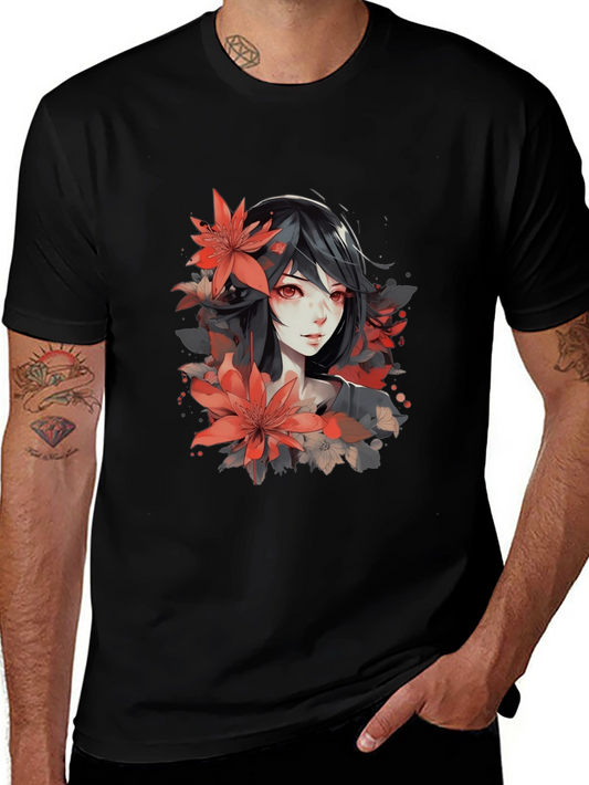 Anime Girl Floral T-Shirt - Stylish Graphic Tee