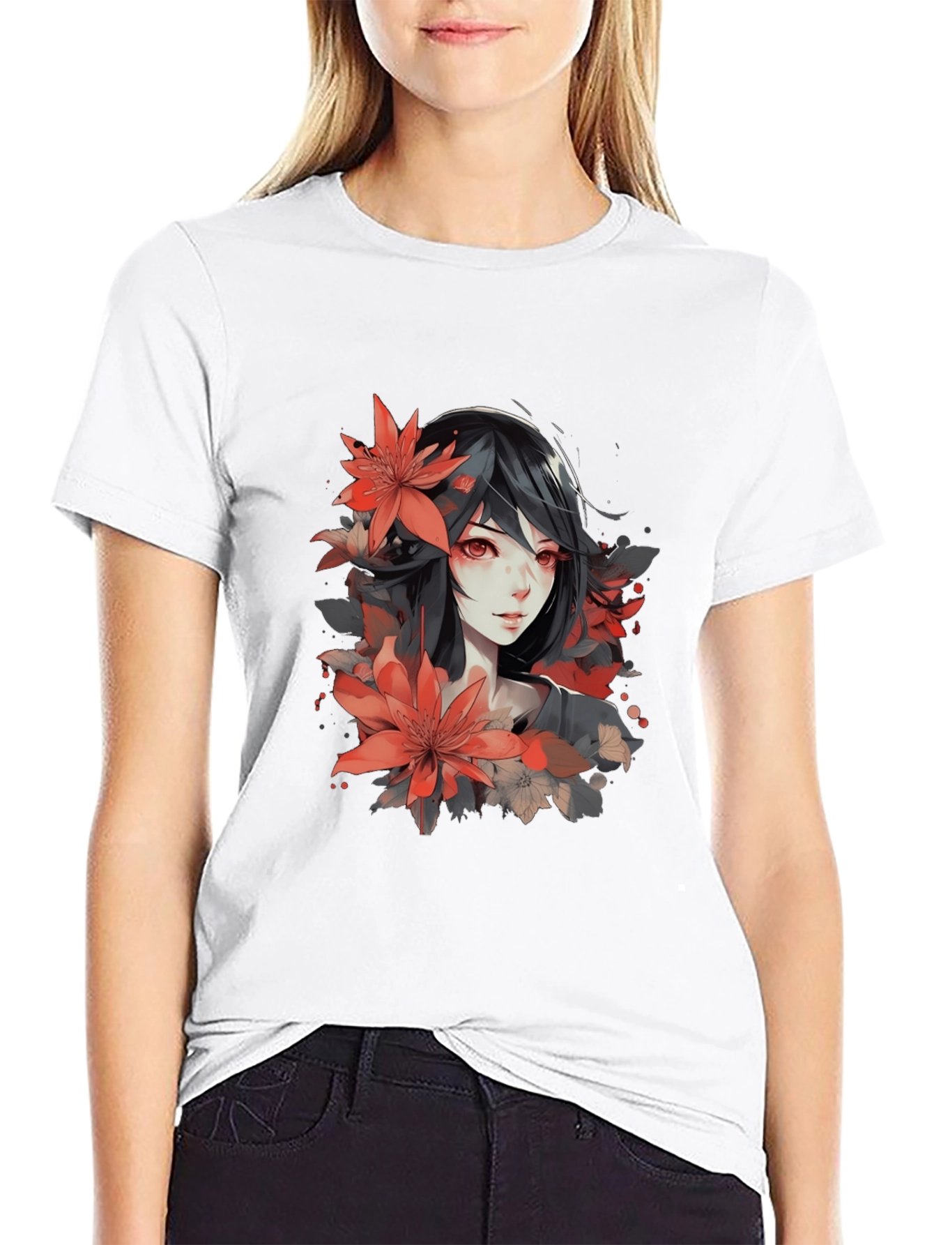 Anime Girl Floral T-Shirt - Stylish Graphic Tee