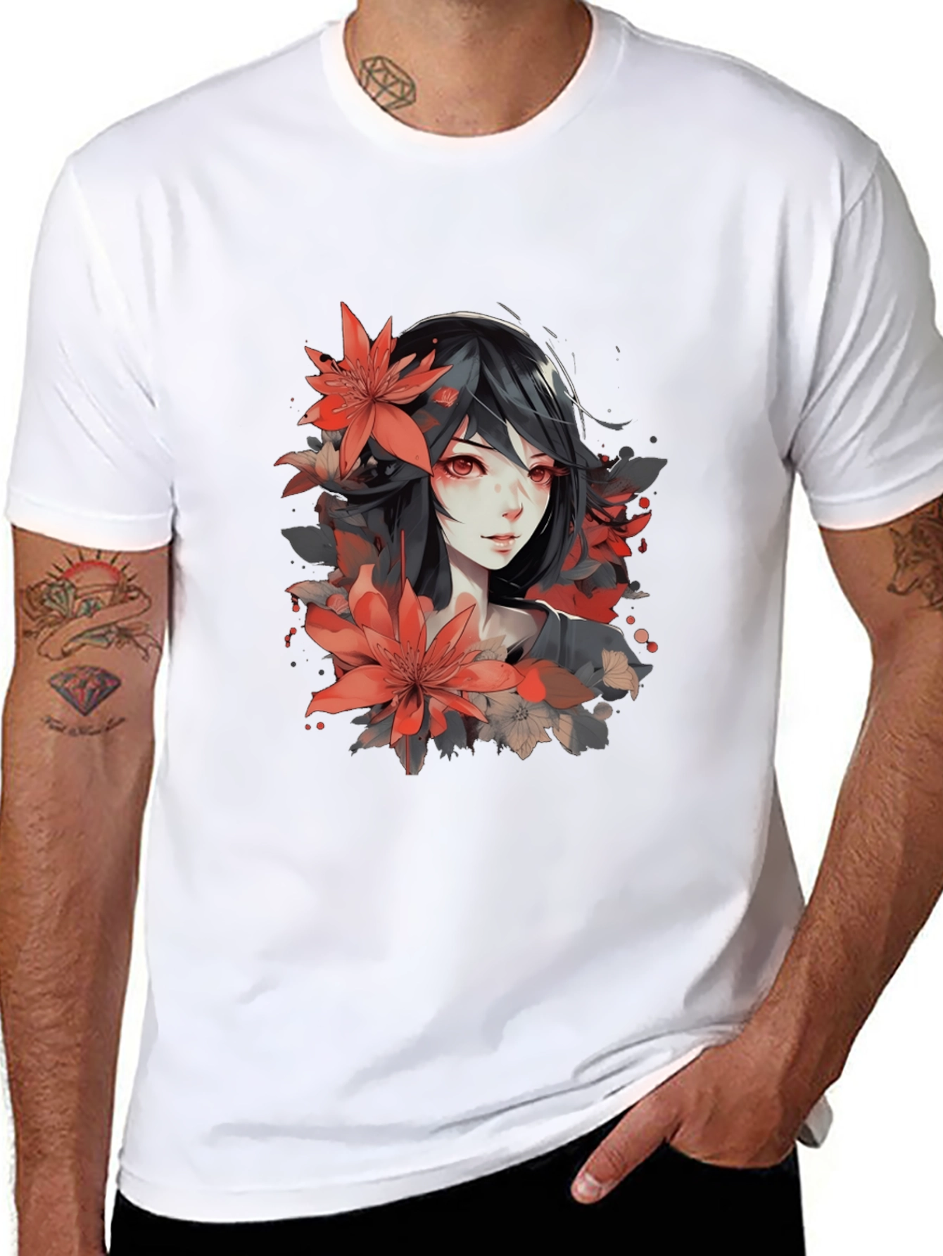 Anime Girl Floral T-Shirt - Stylish Graphic Tee