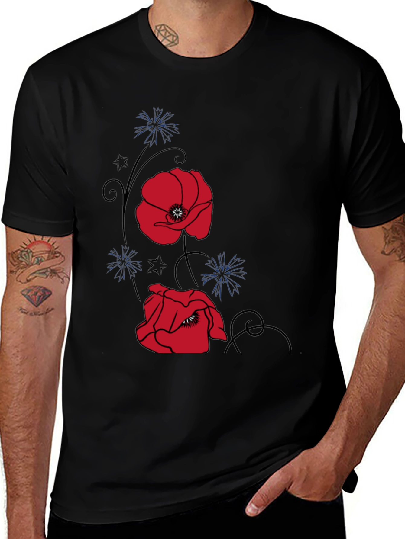 Floral Poppy Graphic Tee - Stylish Black T-Shirt