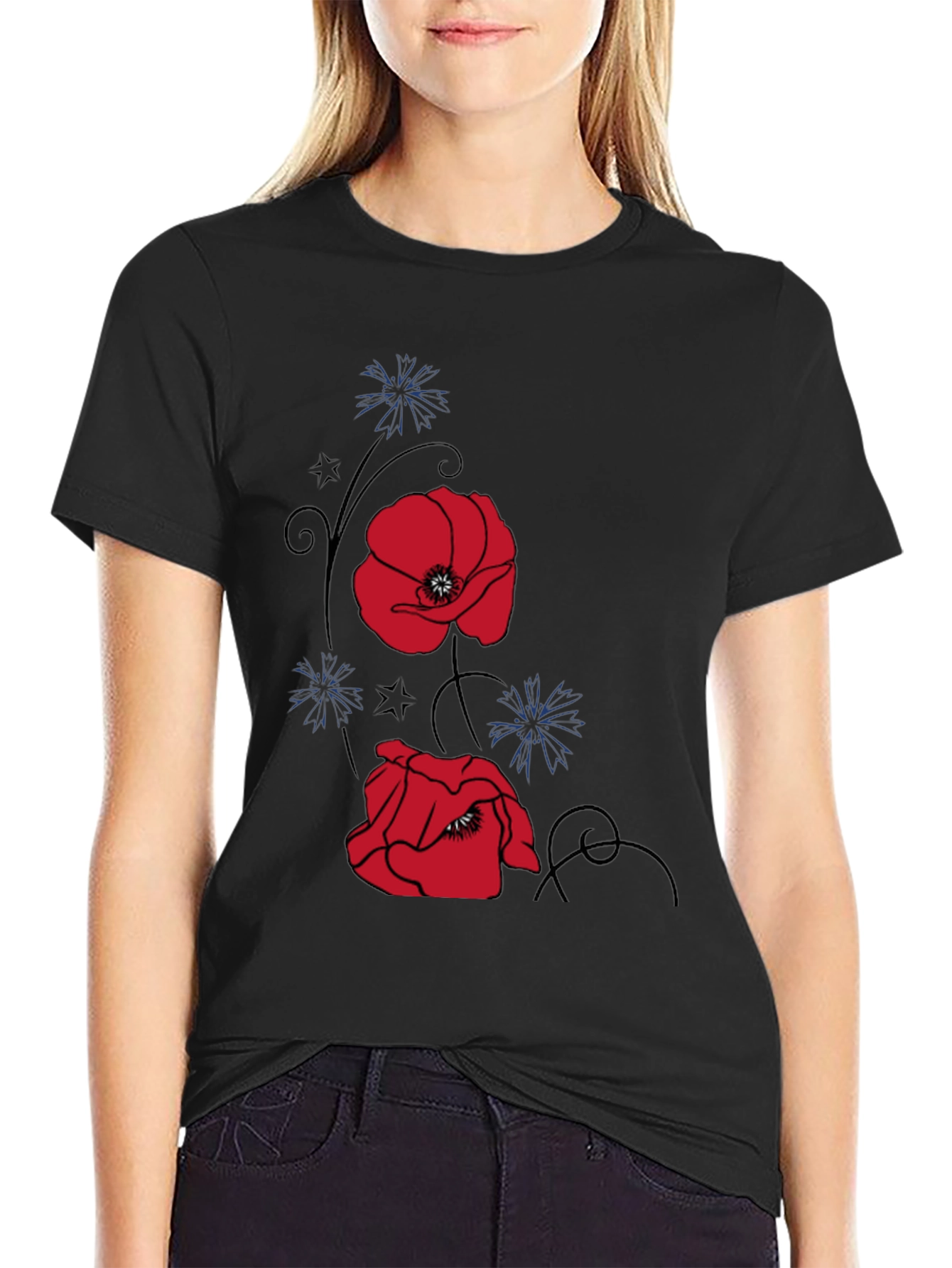 Floral Poppy Graphic Tee - Stylish Black T-Shirt