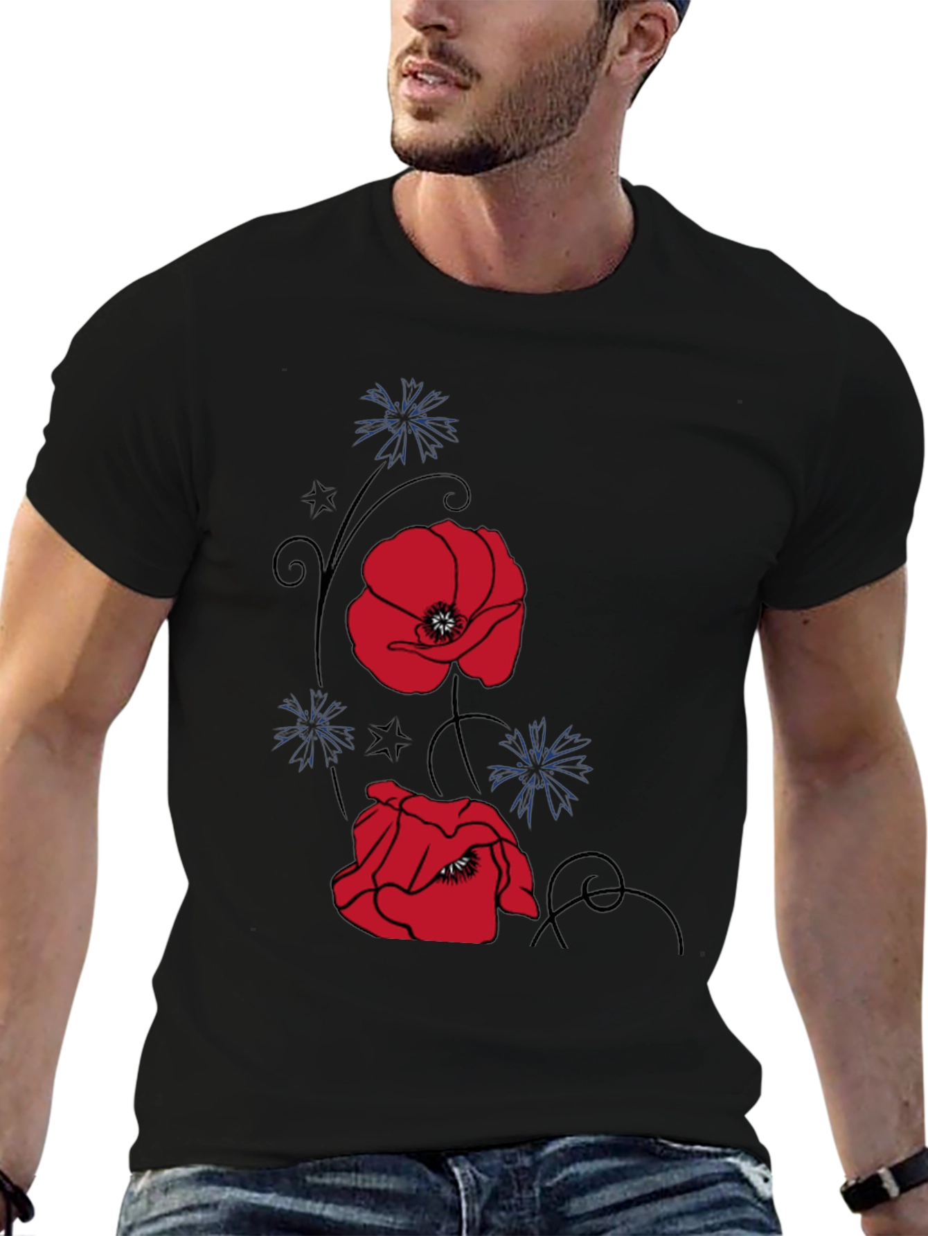 Floral Poppy Graphic Tee - Stylish Black T-Shirt