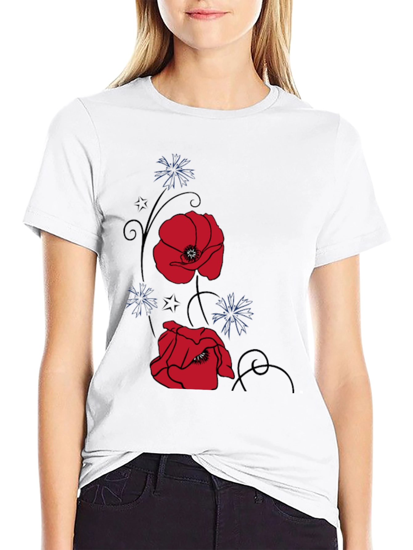 Floral Poppy Graphic Tee - Stylish Black T-Shirt