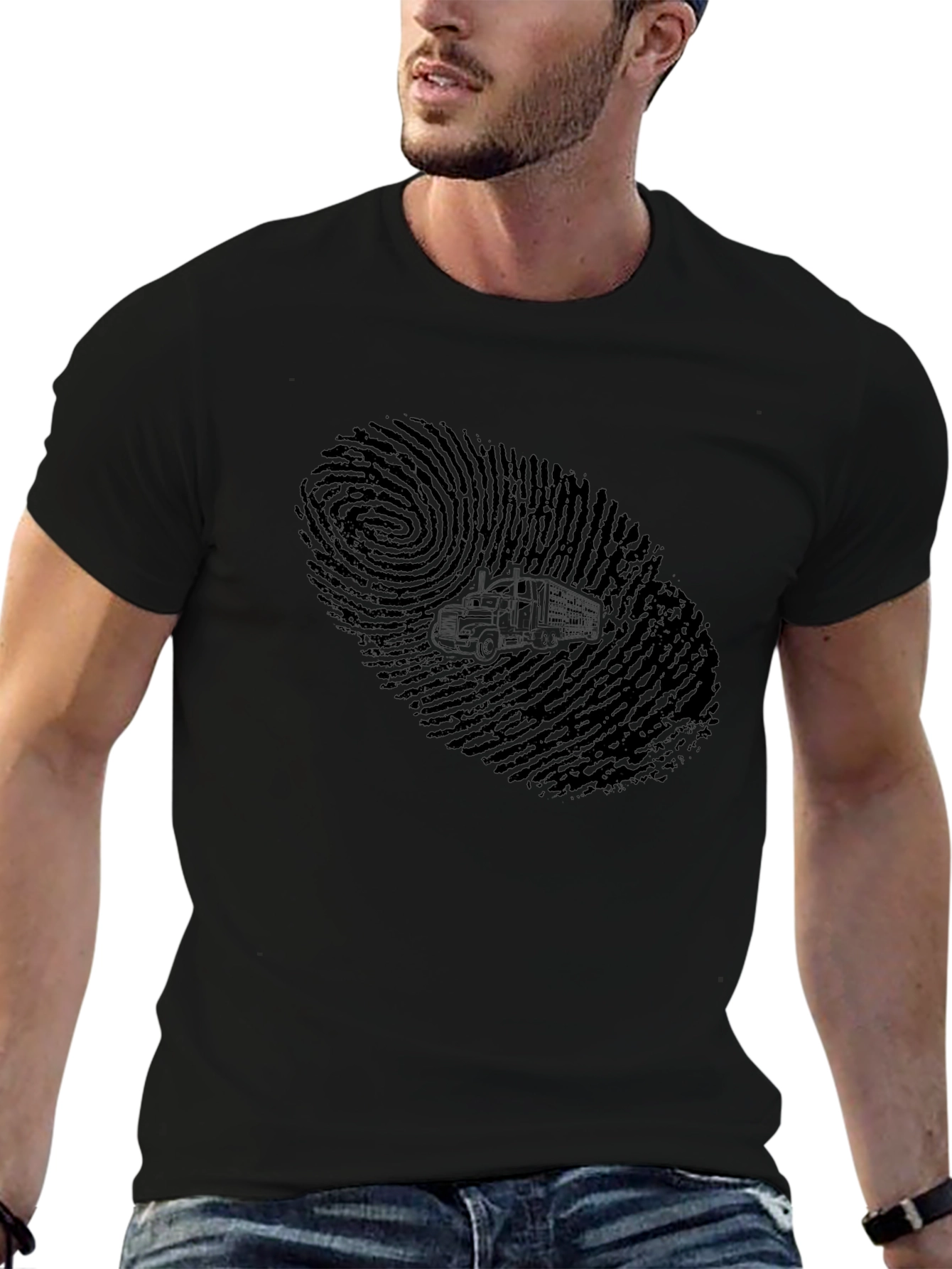 Trucker Fingerprint Graphic Tee - Black Cotton T-Shirt