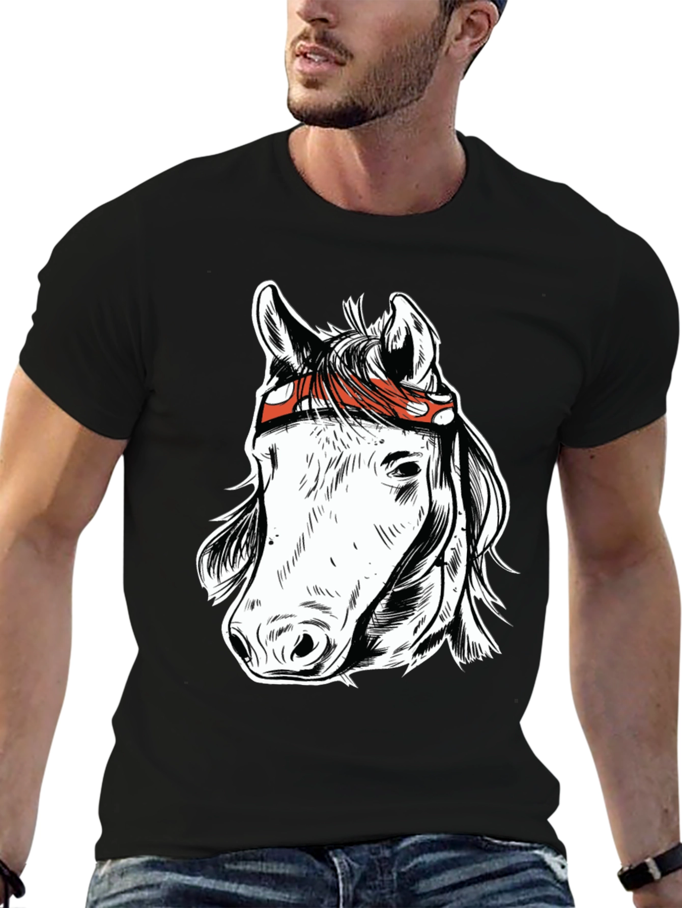 Horse Graphic Tee - Black Cotton Blend T-Shirt