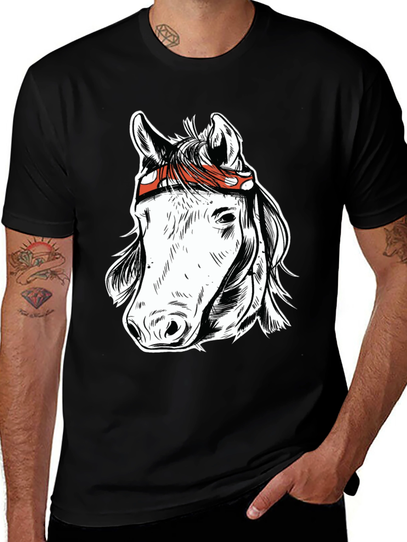 Horse Graphic Tee - Black Cotton Blend T-Shirt