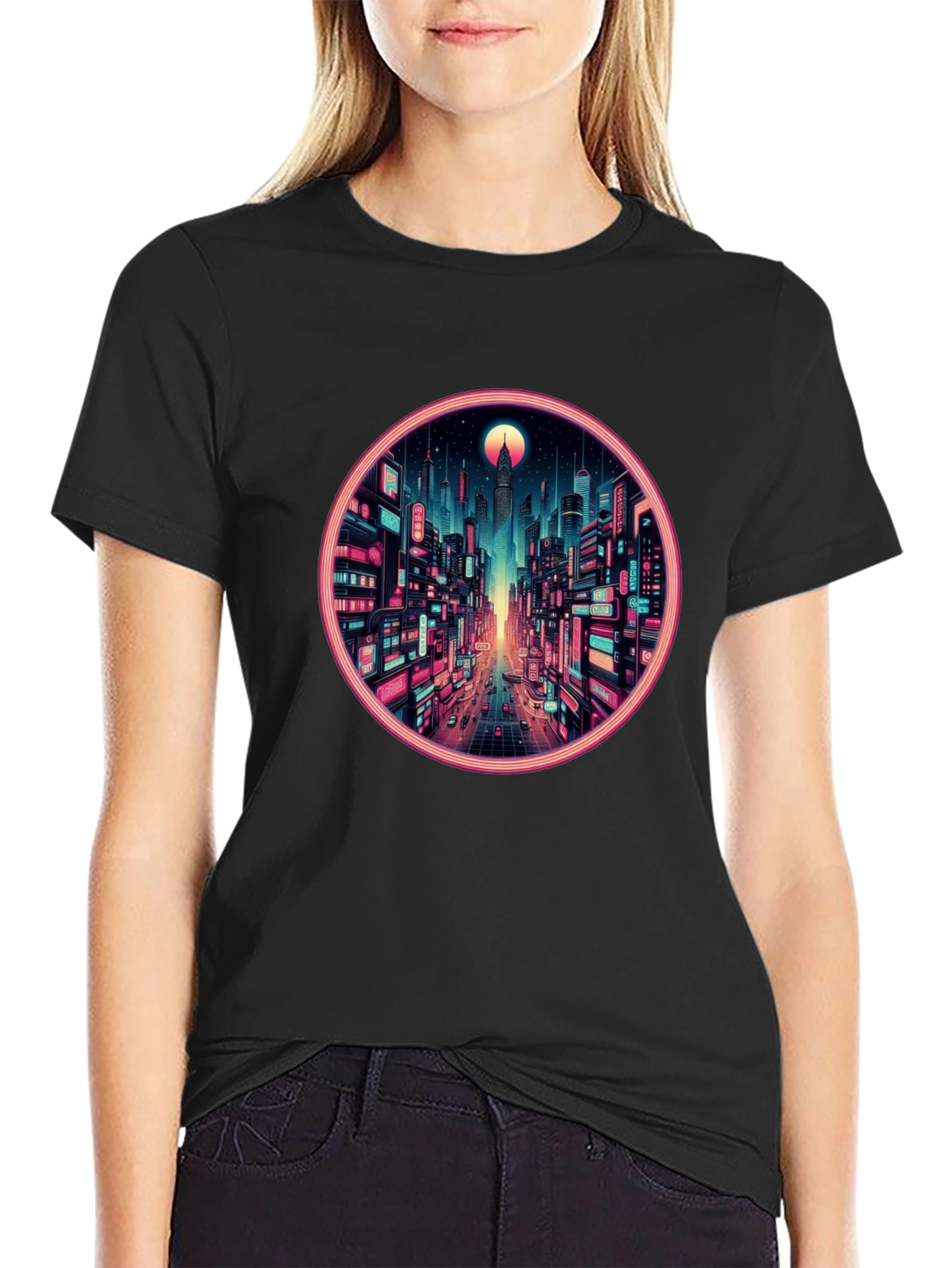 Cyberpunk Cityscape Graphic Tee - Retro Neon Design