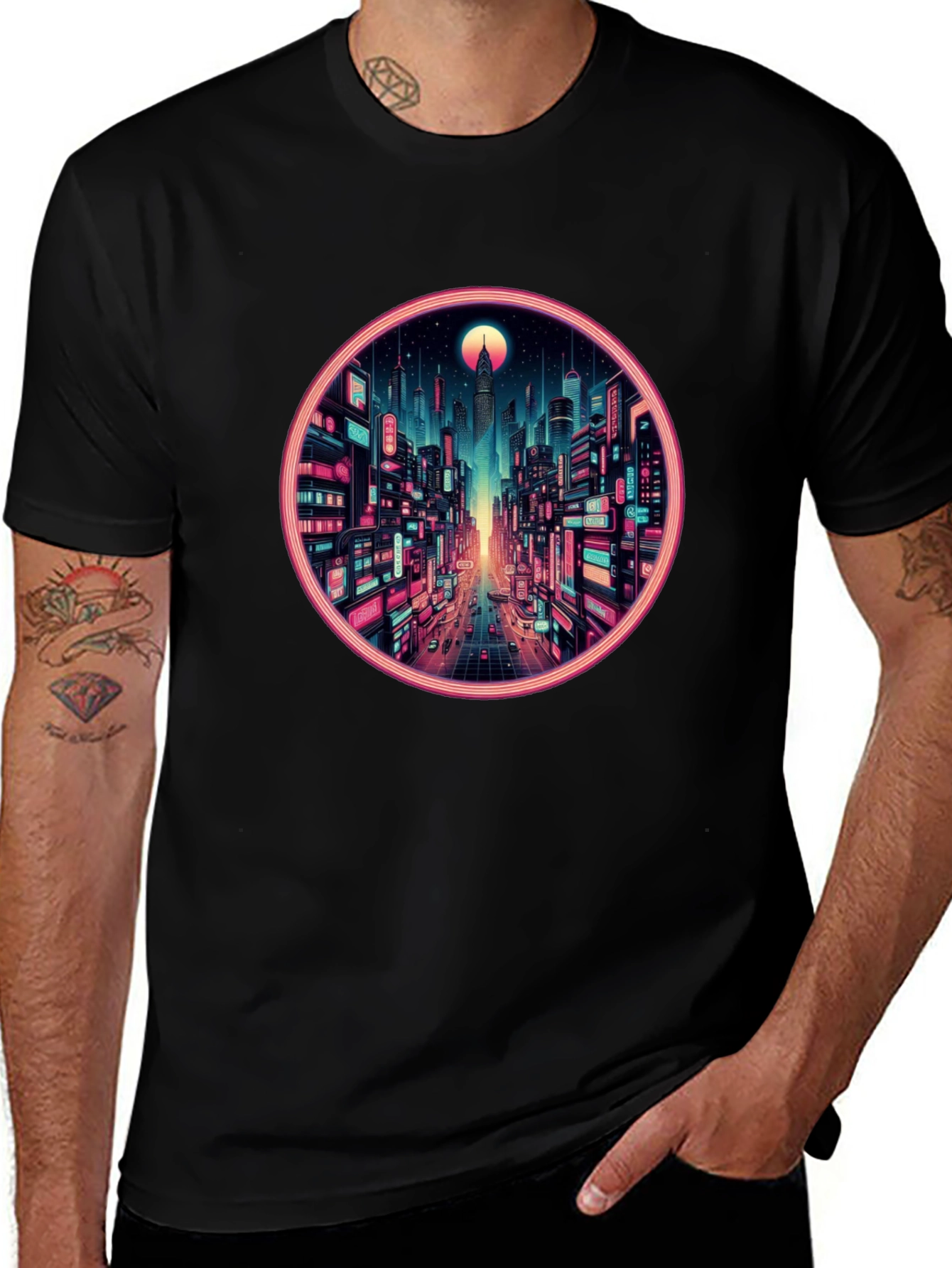 Cyberpunk Cityscape Graphic Tee - Retro Neon Design
