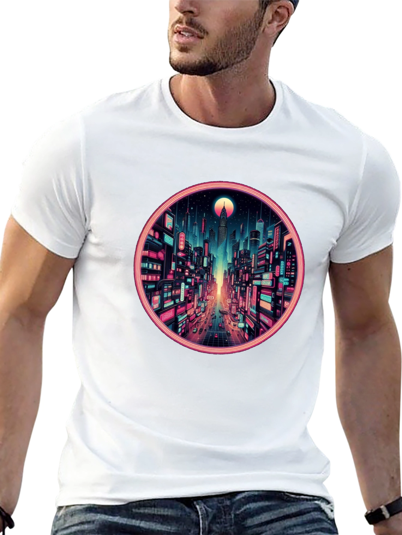 Cyberpunk Cityscape Graphic Tee - Retro Neon Design