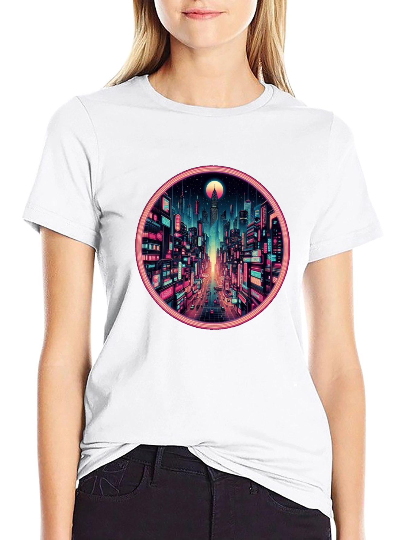 Cyberpunk Cityscape Graphic Tee - Retro Neon Design