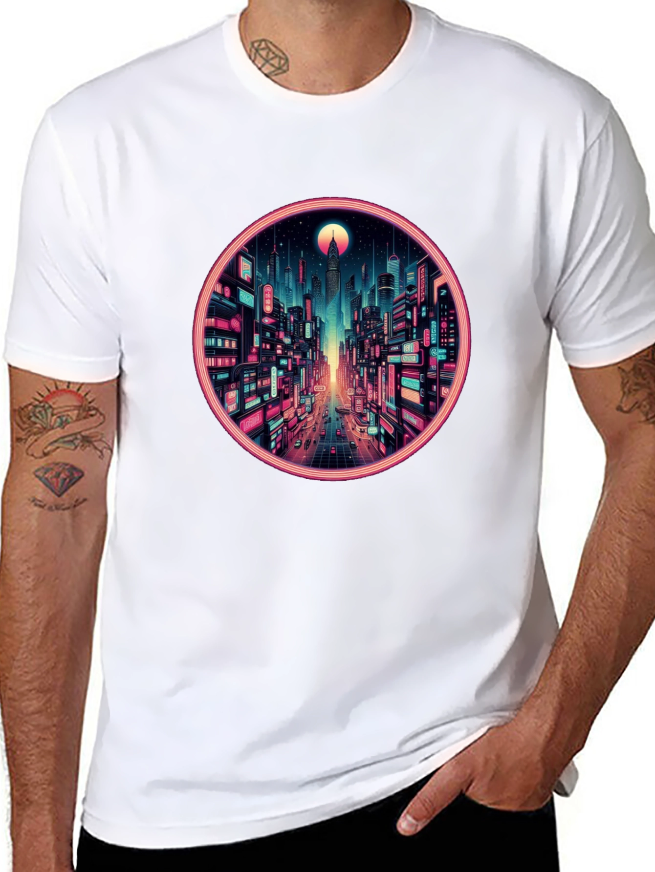 Cyberpunk Cityscape Graphic Tee - Retro Neon Design