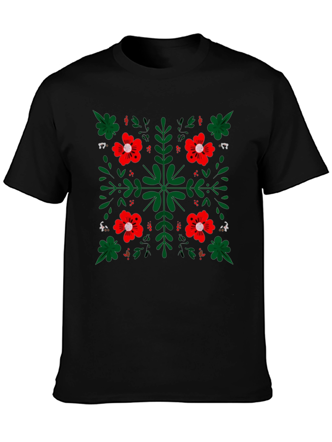 Floral Pattern Black Crew Neck T-Shirt