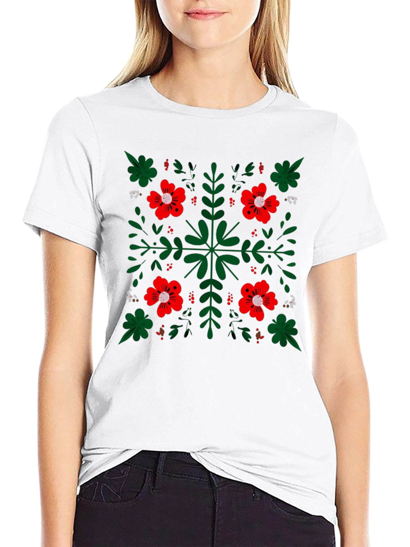 Floral Pattern Black Crew Neck T-Shirt