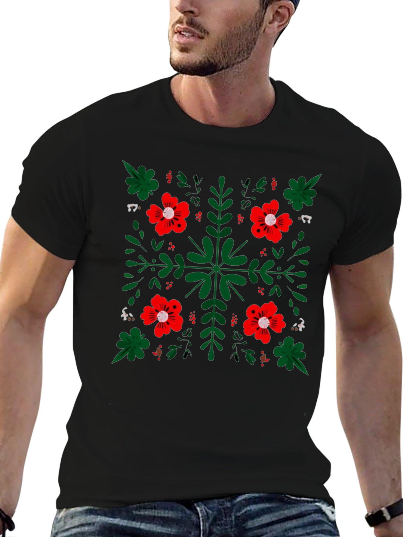 Floral Pattern Black Crew Neck T-Shirt
