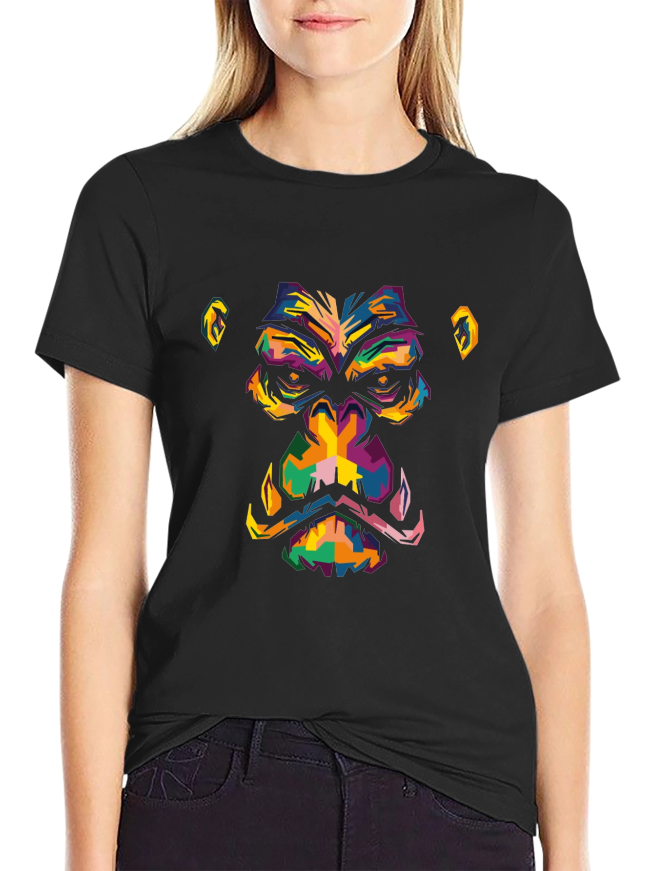 Abstract Gorilla Face Graphic Black T-Shirt