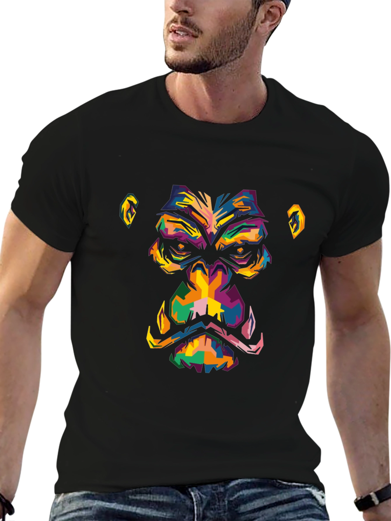 Abstract Gorilla Face Graphic Black T-Shirt