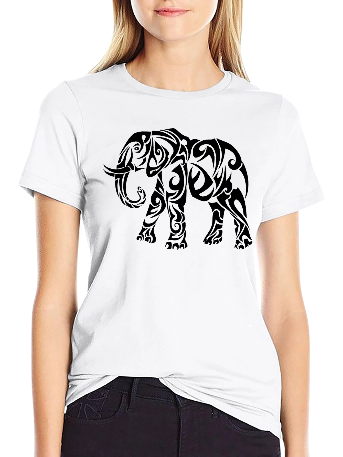 Tribal Elephant Graphic Print Black T-Shirt