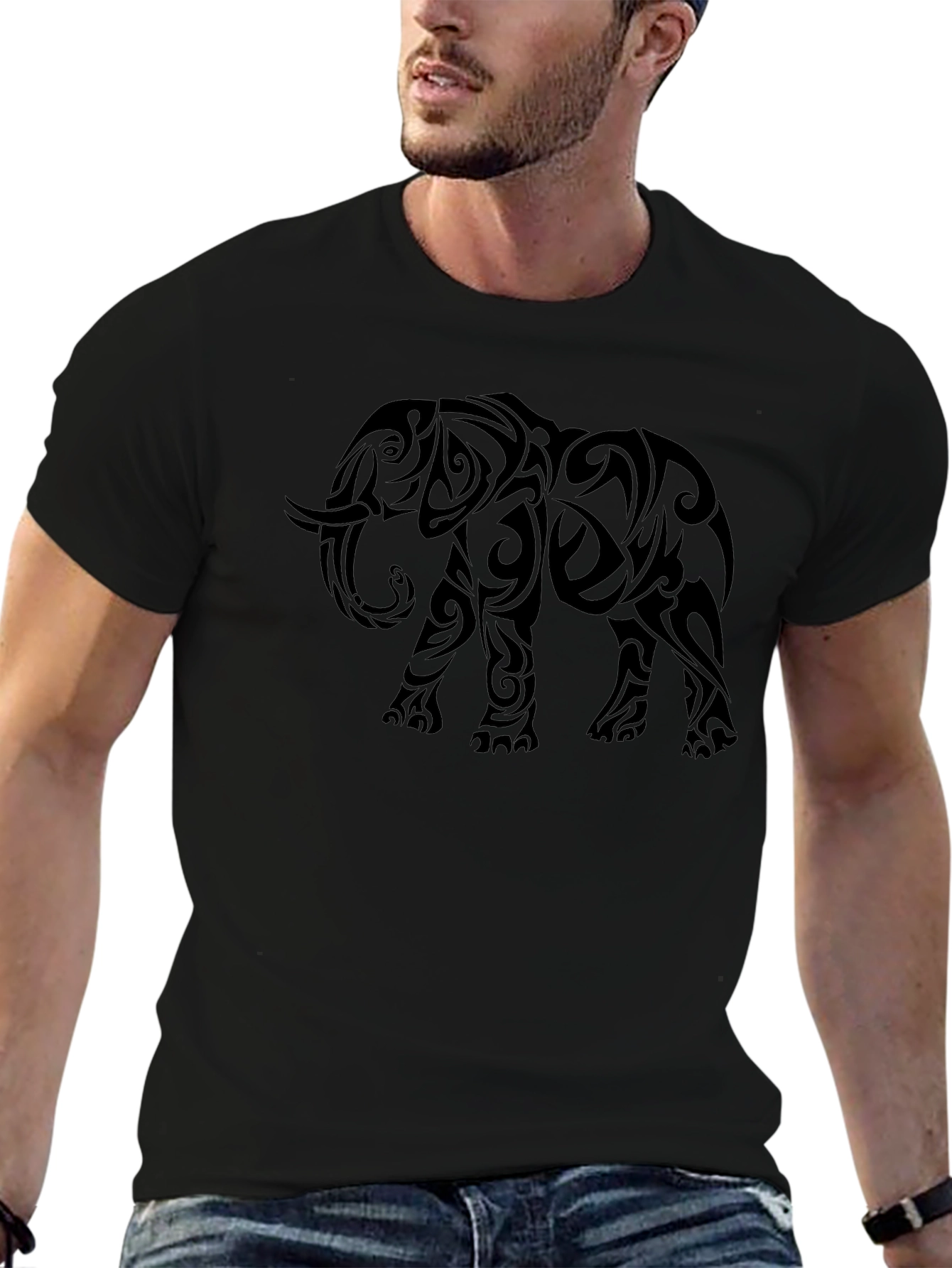 Tribal Elephant Graphic Print Black T-Shirt