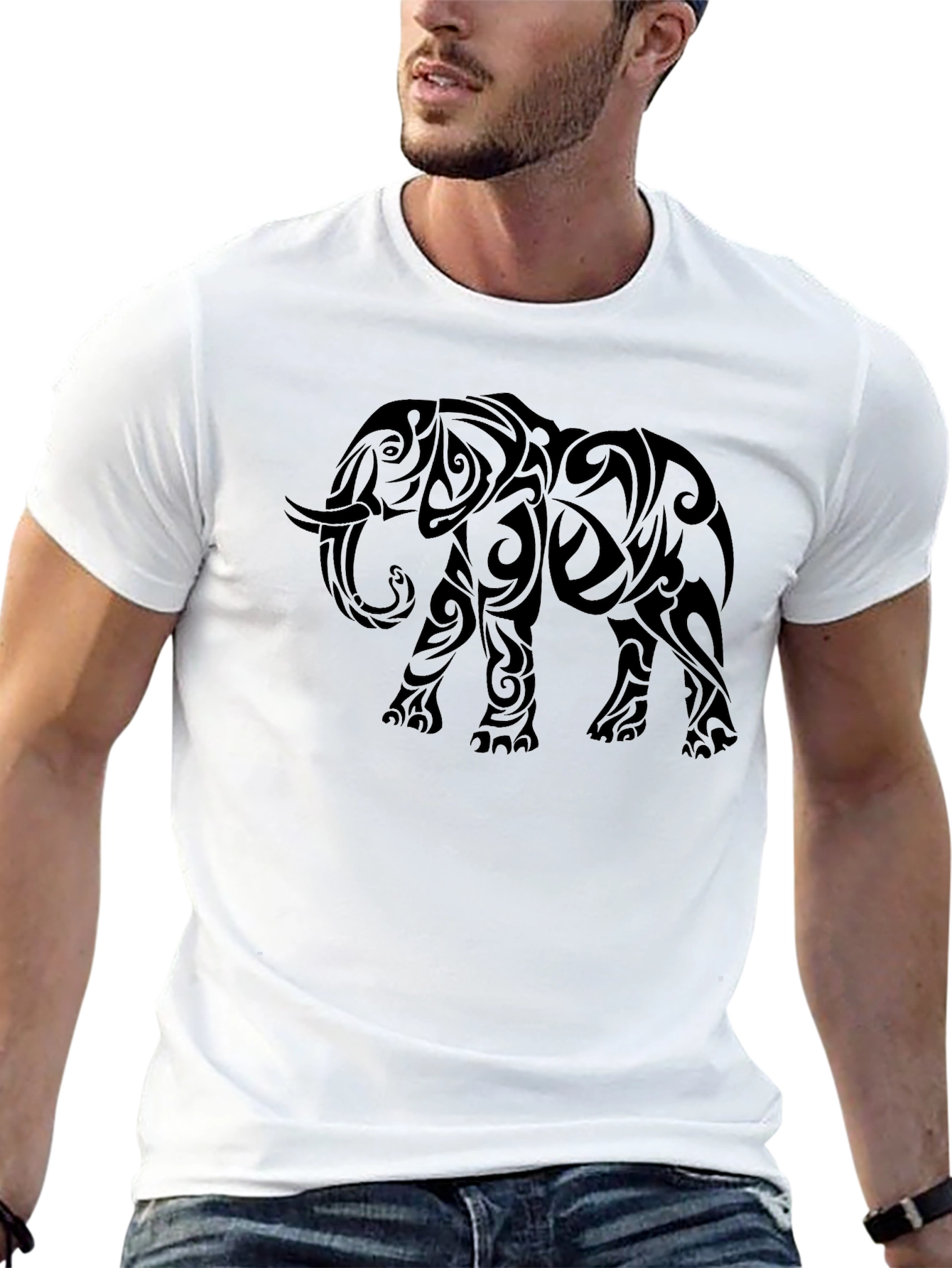 Tribal Elephant Graphic Print Black T-Shirt