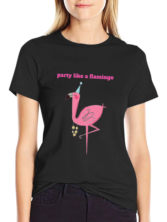 Party Flamingo Graphic Tee - Black Cotton T-Shirt