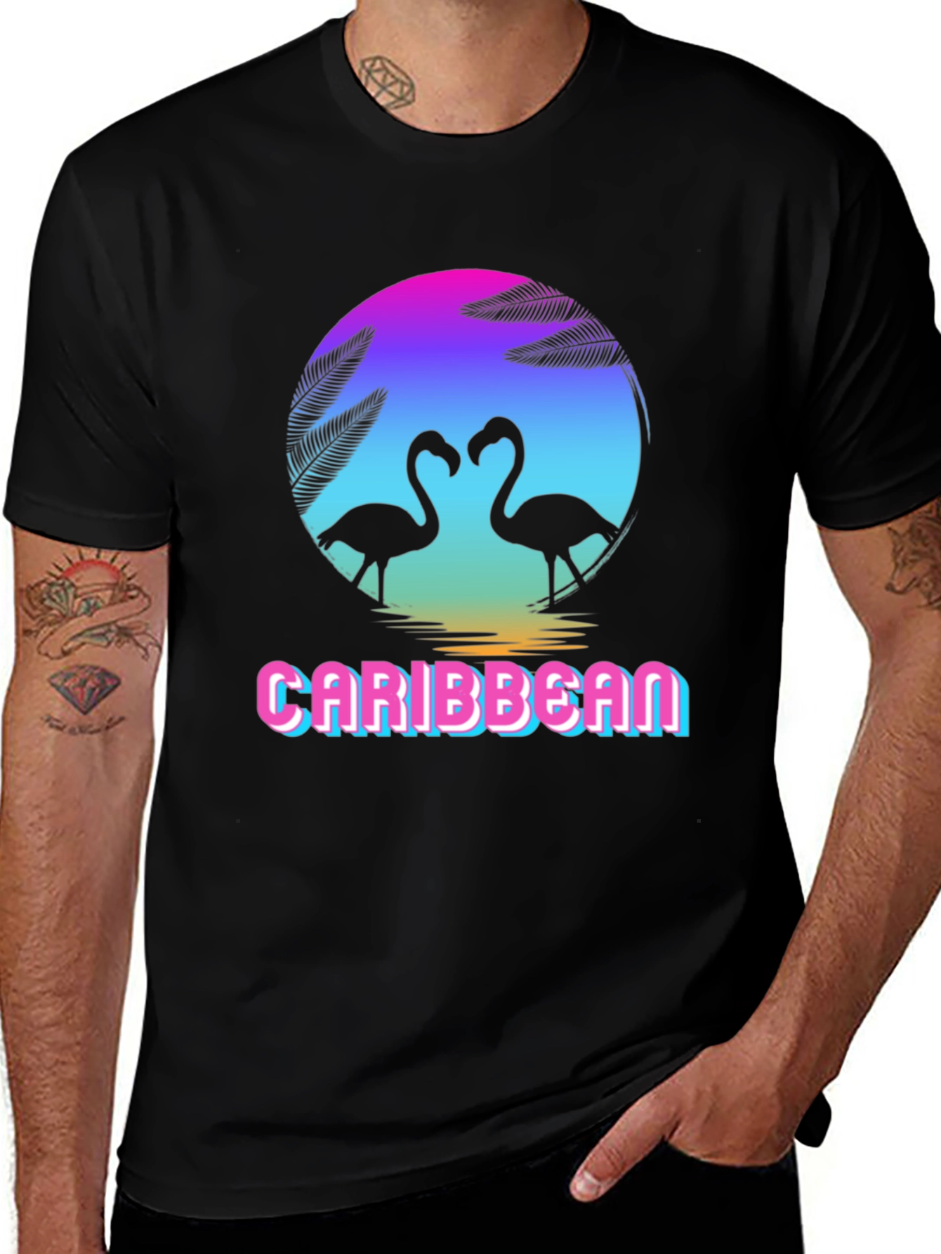 Caribbean Flamingo Black T-Shirt