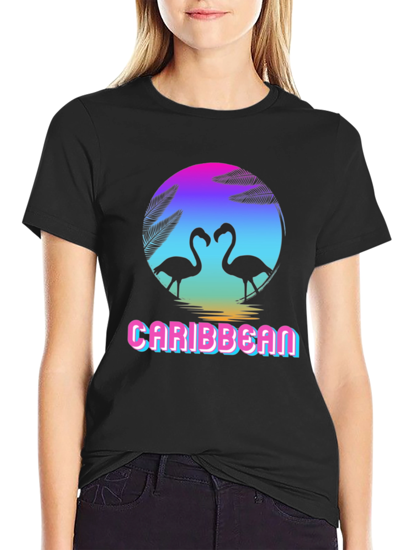Caribbean Flamingo Black T-Shirt