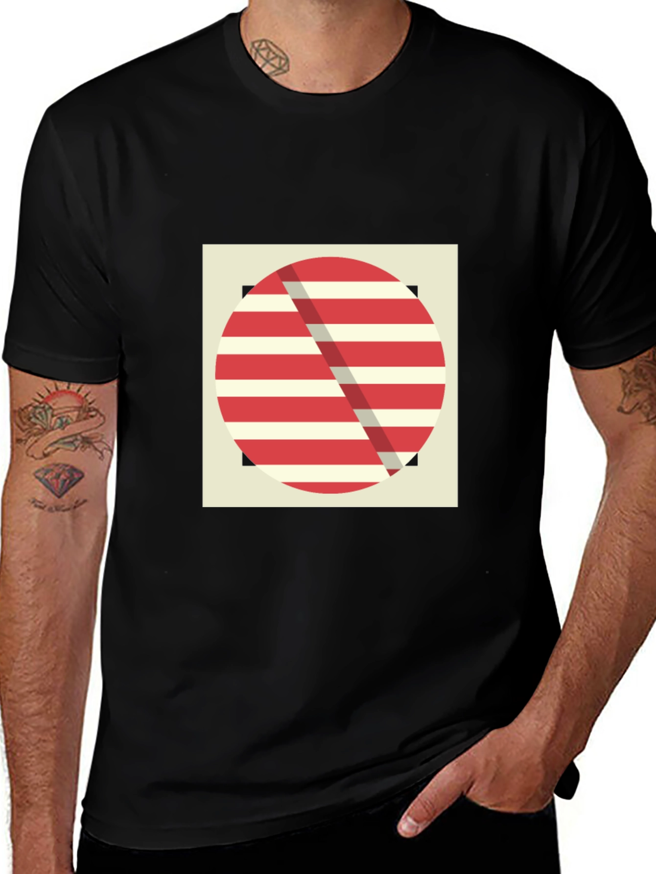 Geometric Graphic Tee - Red Stripe Design