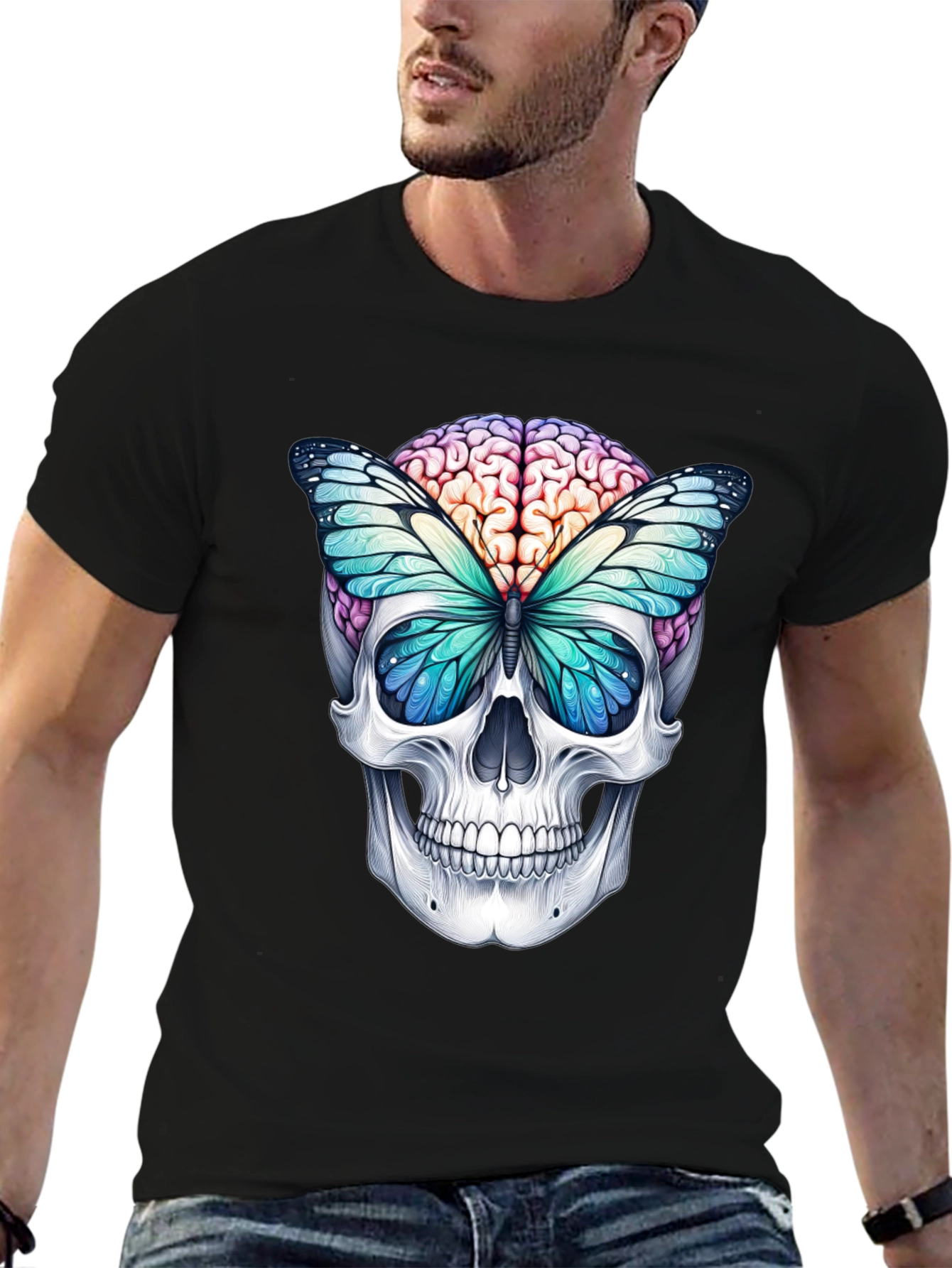 Skull Brain Butterfly Graphic Tee - Unique Design