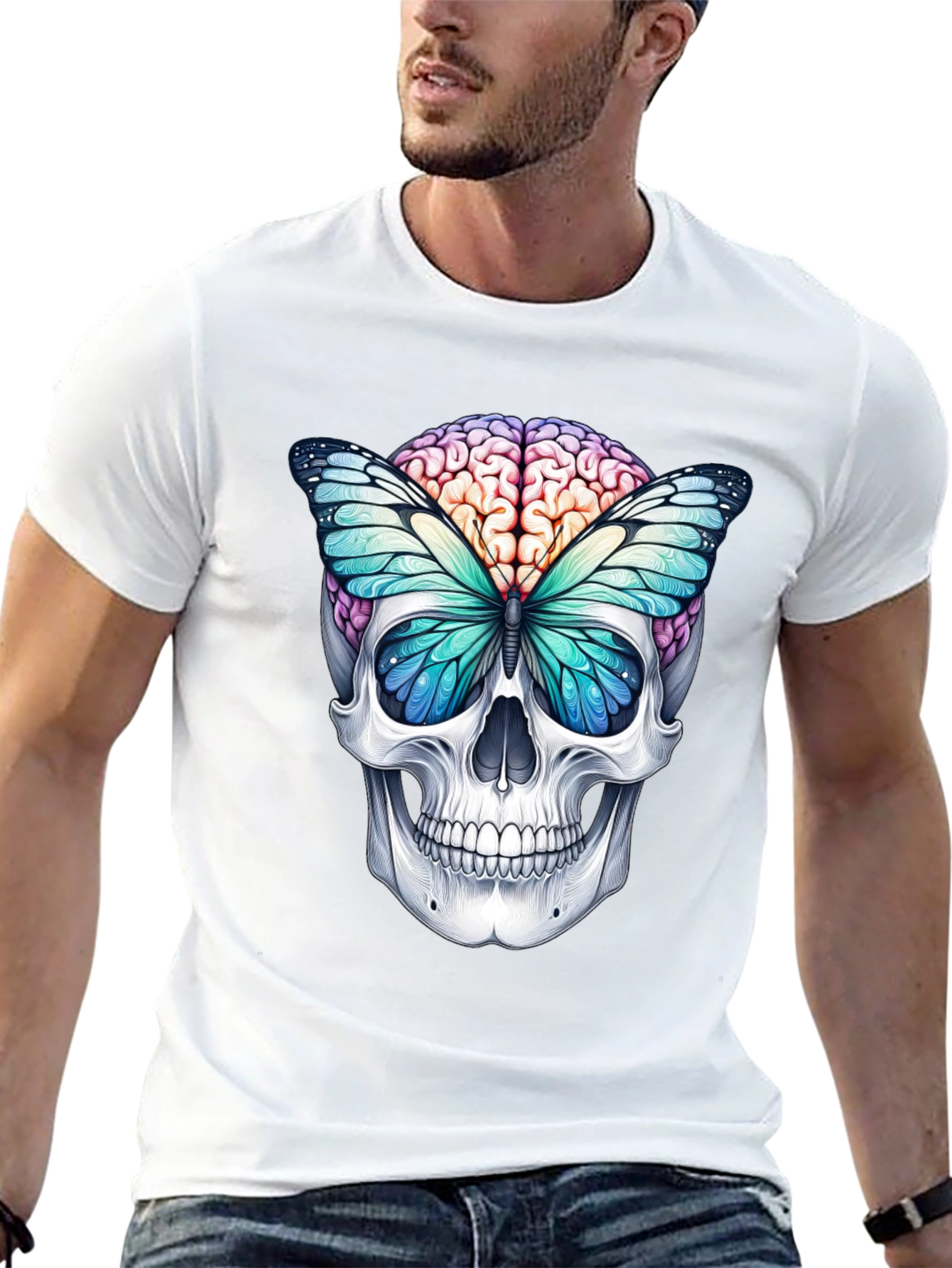 Skull Brain Butterfly Graphic Tee - Unique Design