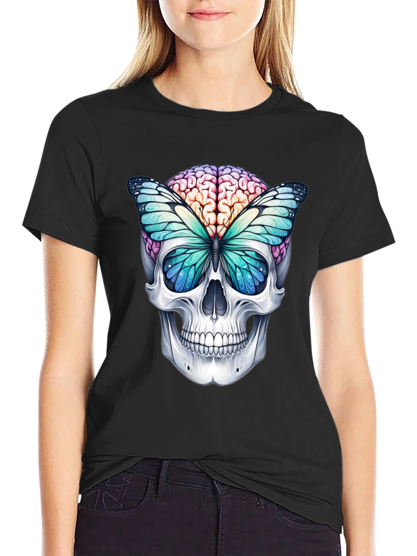 Skull Brain Butterfly Graphic Tee - Unique Design