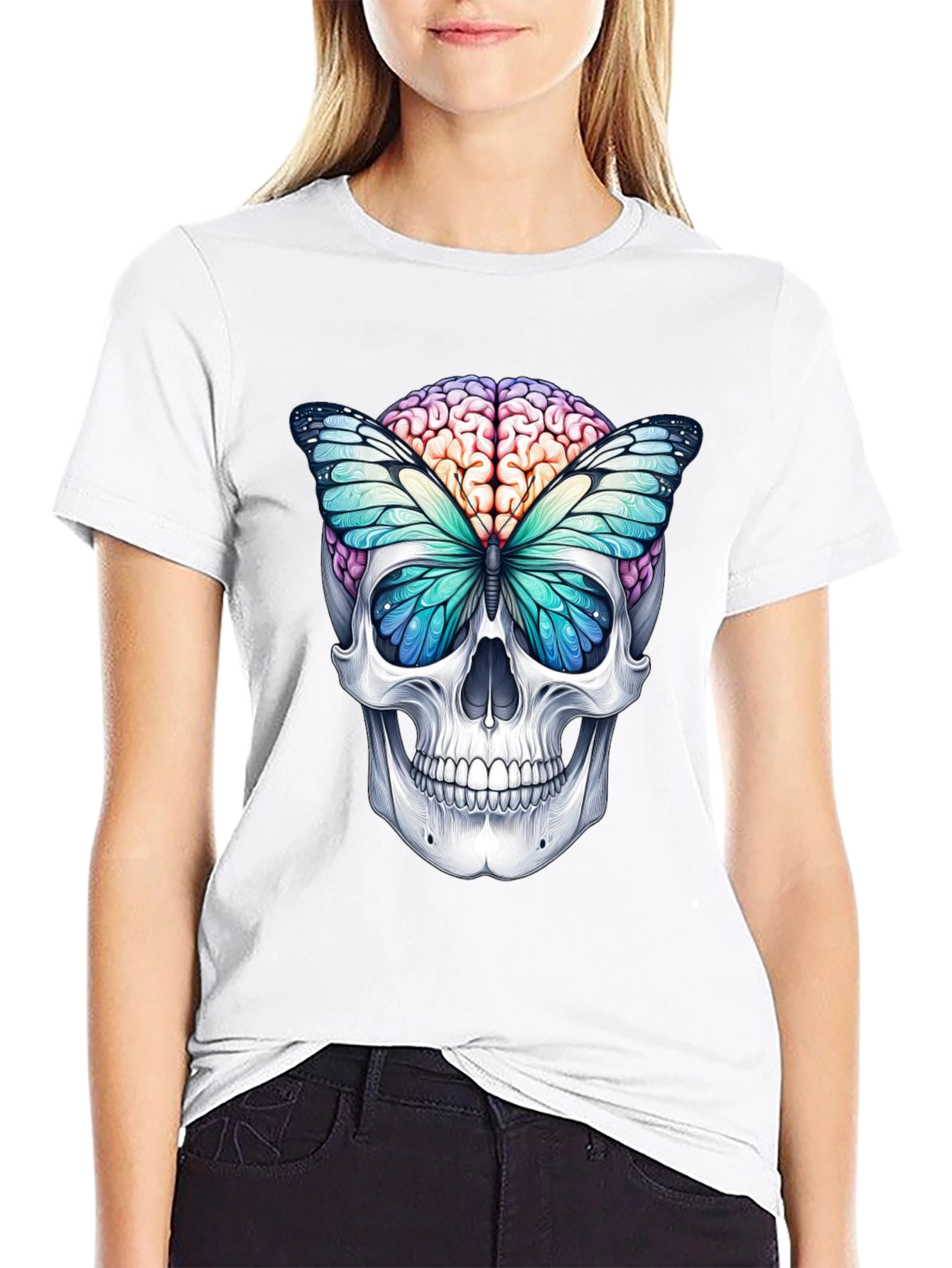 Skull Brain Butterfly Graphic Tee - Unique Design