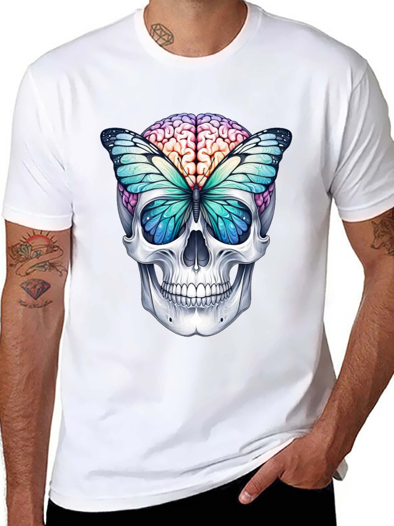 Skull Brain Butterfly Graphic Tee - Unique Design