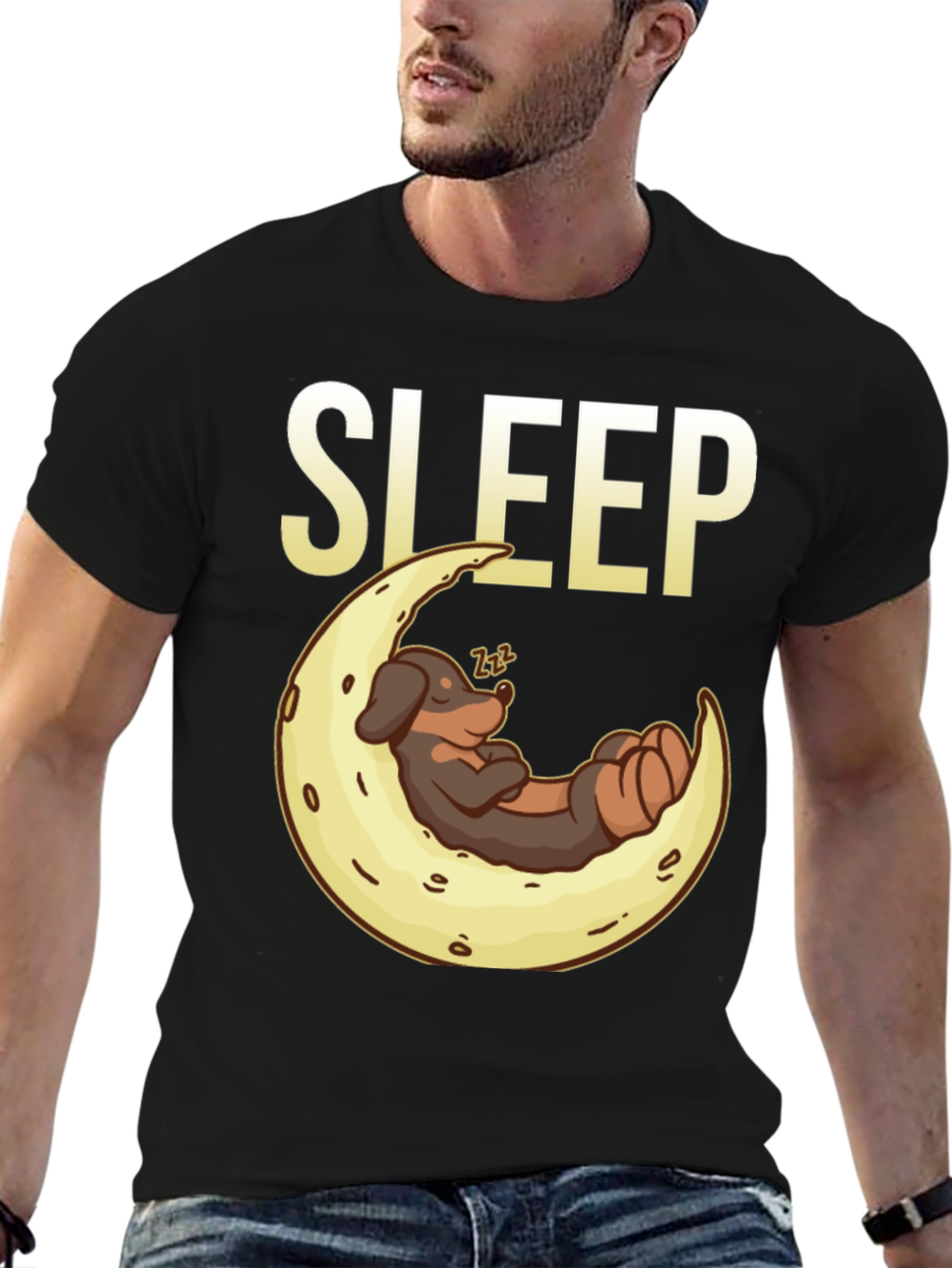 Sleepy Dog on Moon Graphic Tee - Black