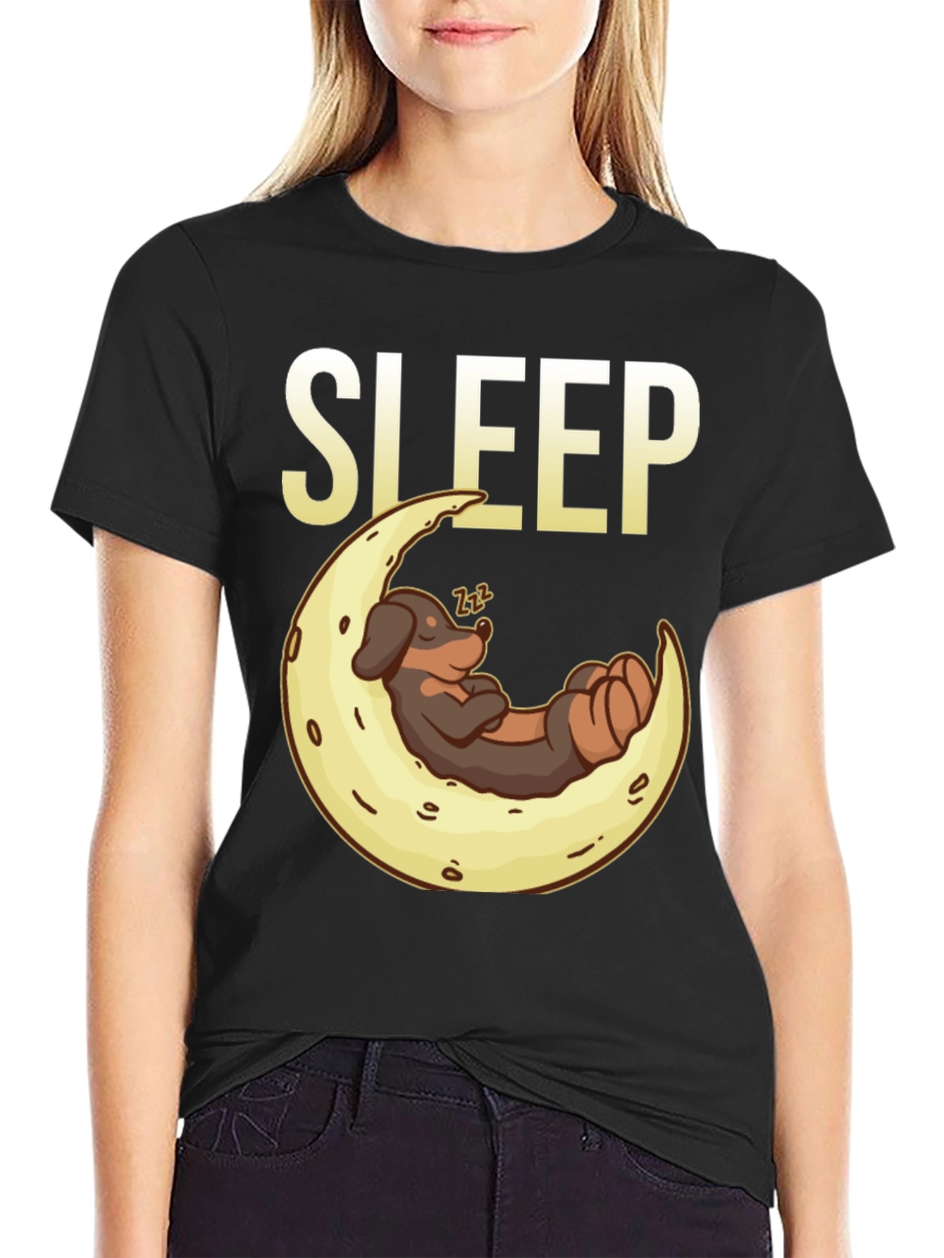 Sleepy Dog on Moon Graphic Tee - Black
