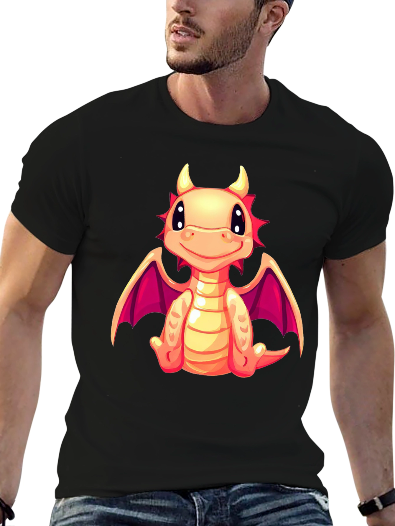 Cute Dragon Graphic Tee - Black Cotton Blend Shirt