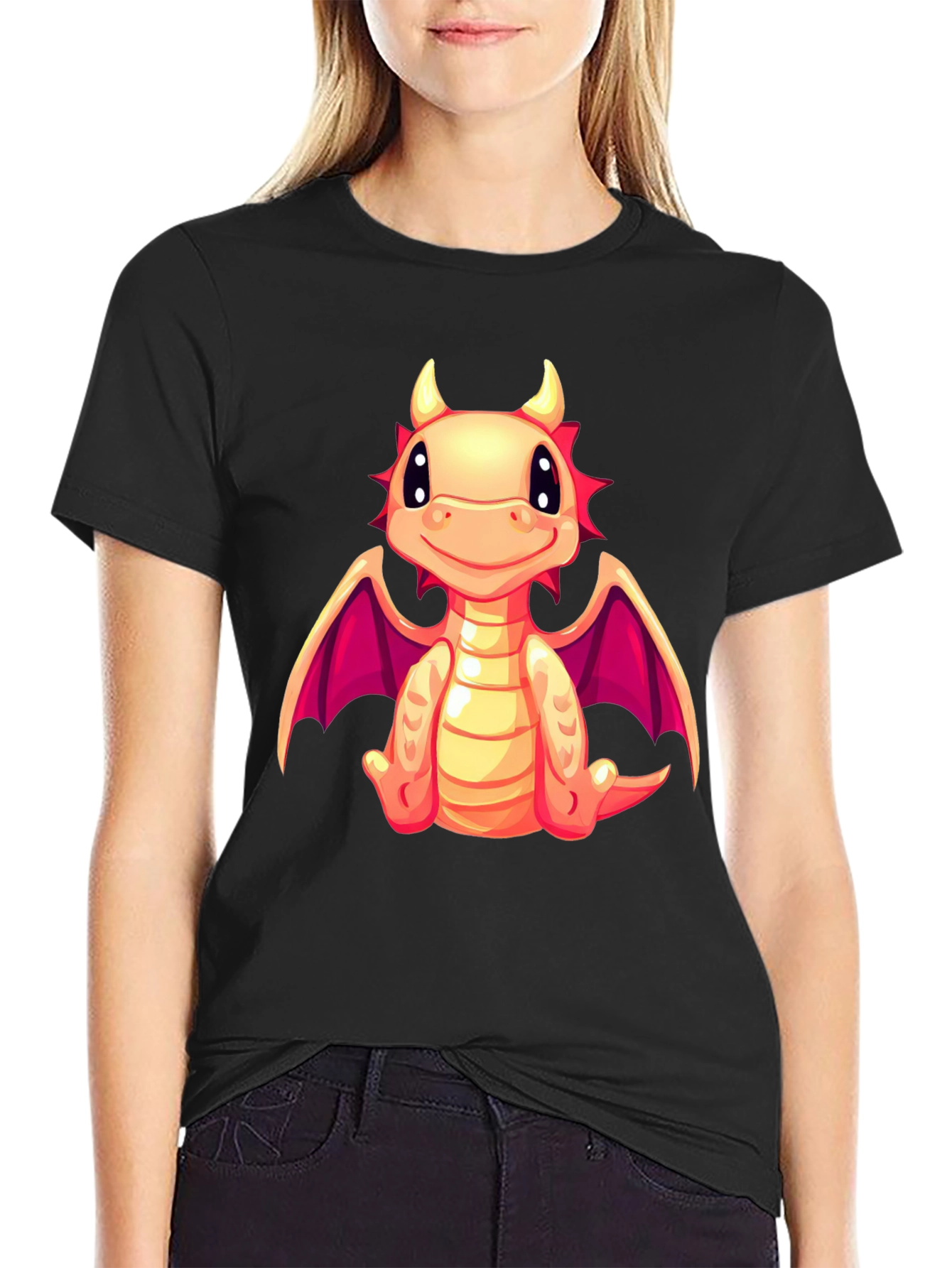 Cute Dragon Graphic Tee - Black Cotton Blend Shirt