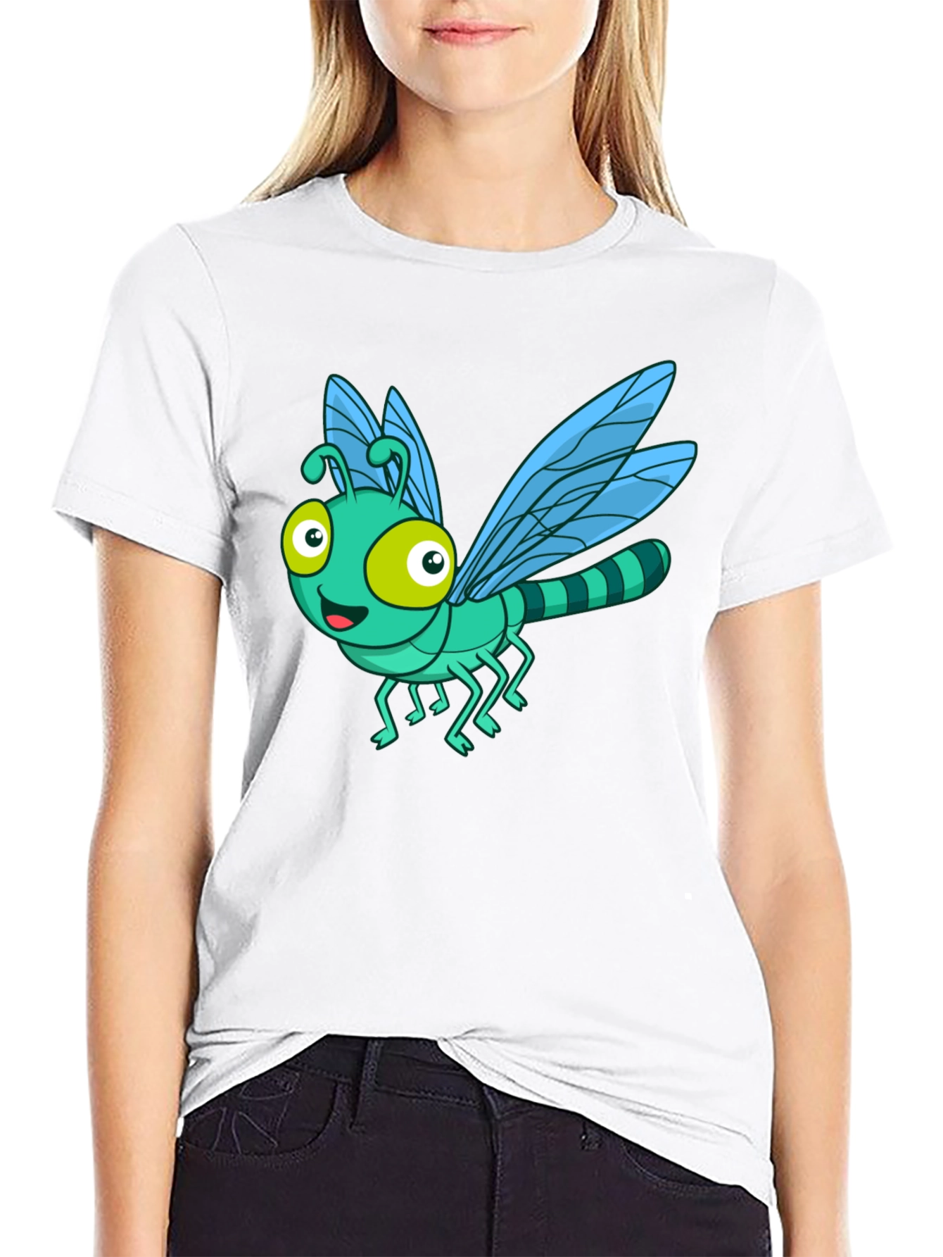 Cartoon Dragonfly Graphic Tee - Fun Black T-Shirt