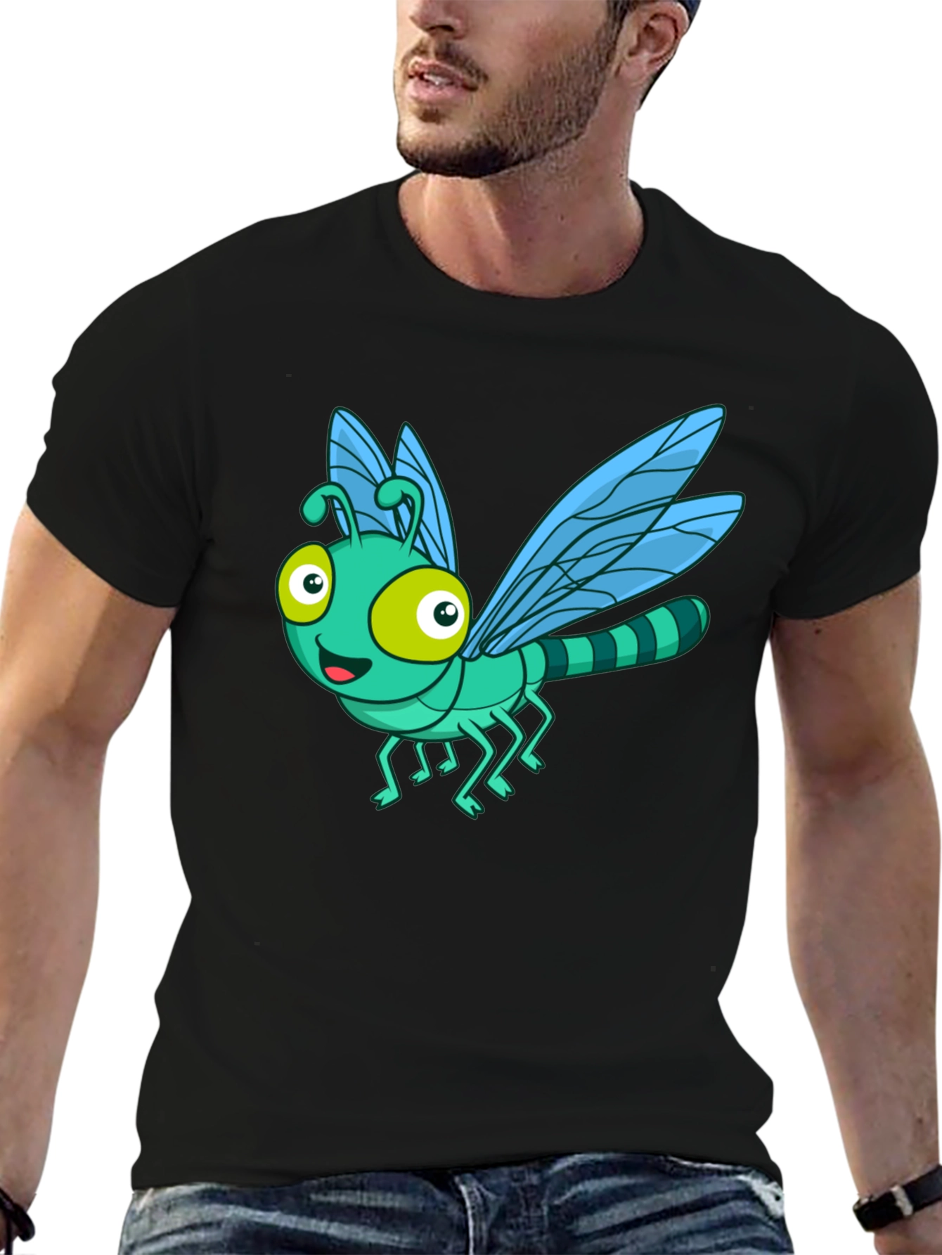 Cartoon Dragonfly Graphic Tee - Fun Black T-Shirt