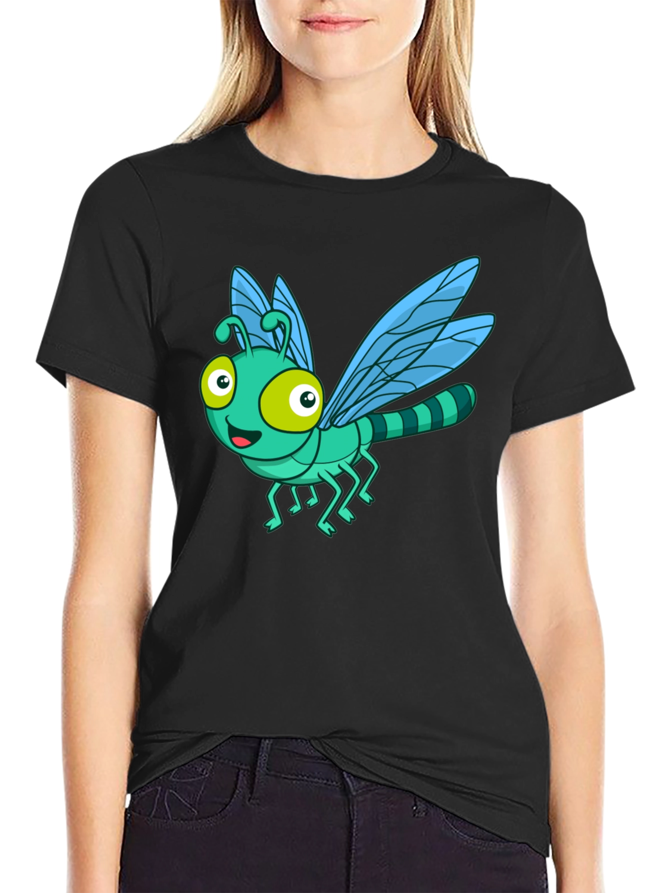Cartoon Dragonfly Graphic Tee - Fun Black T-Shirt