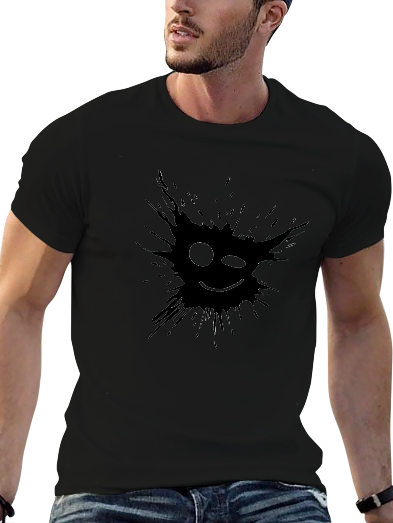 Mens Black Graphic Tee - Winking Smiley Face