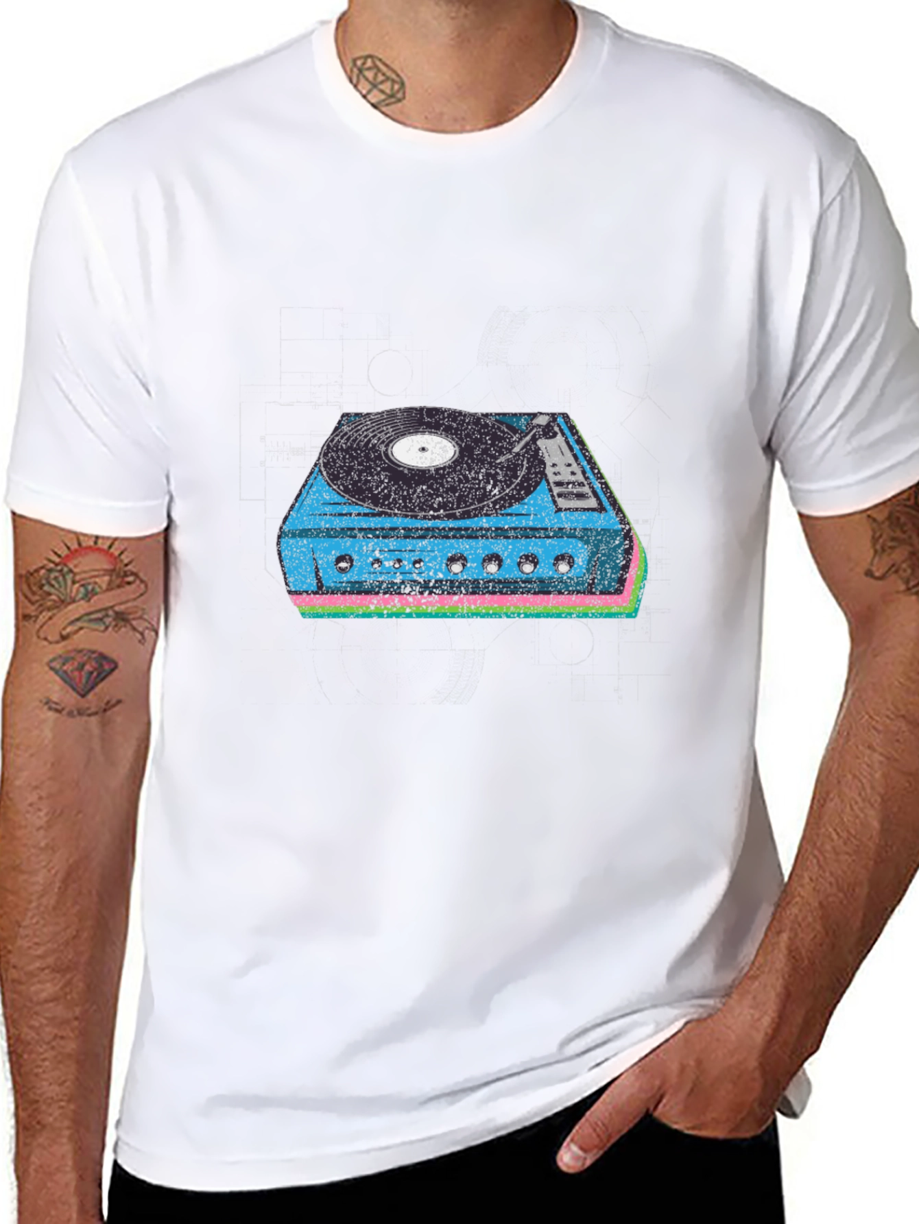 Retro Turntable Graphic Tee - Black Cotton Blend