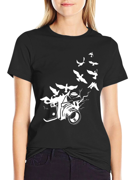 Camera & Birds Graphic Tee - Artistic Black T-Shirt