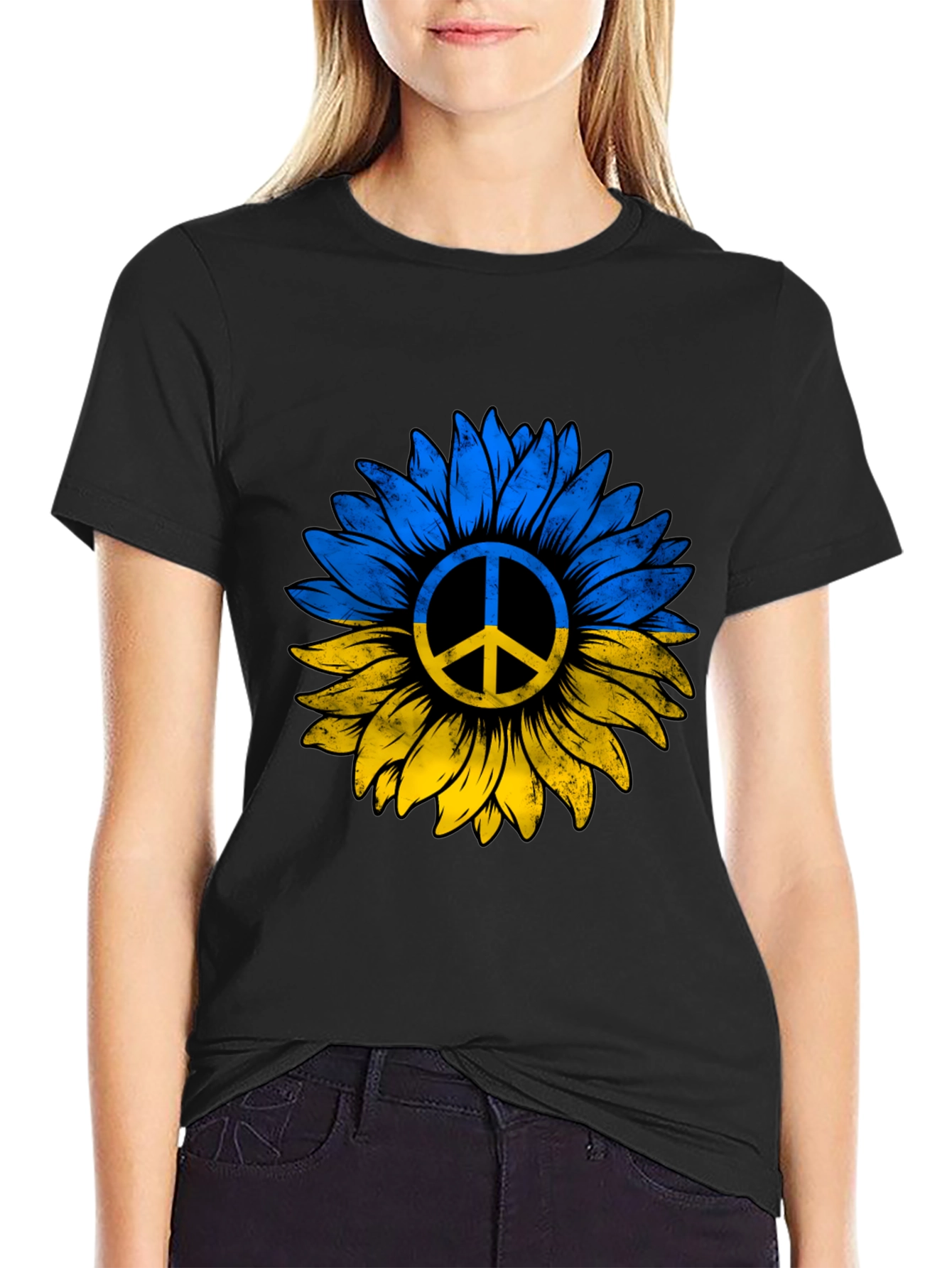 Ukraine Sunflower Peace Sign Black T-Shirt