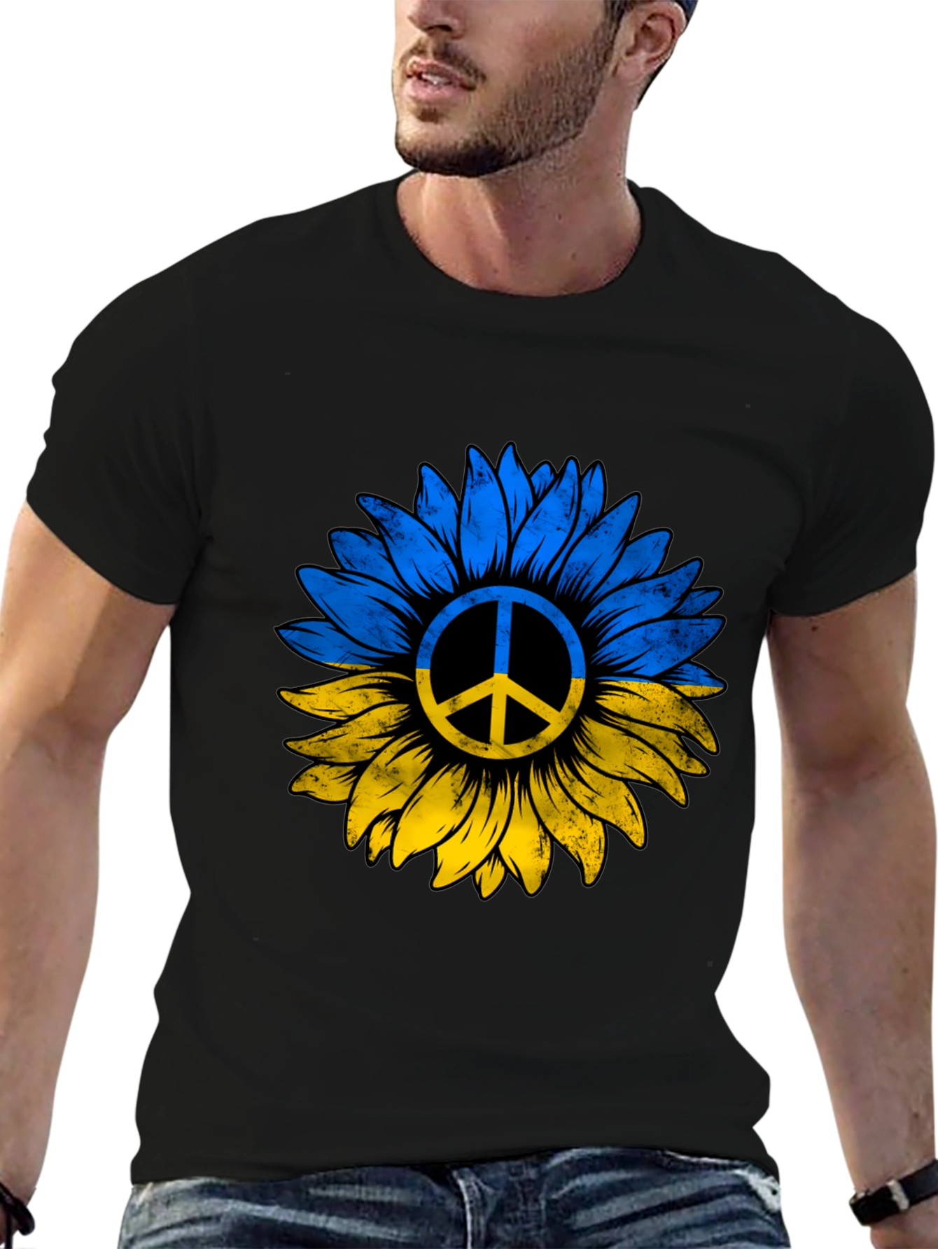 Ukraine Sunflower Peace Sign Black T-Shirt