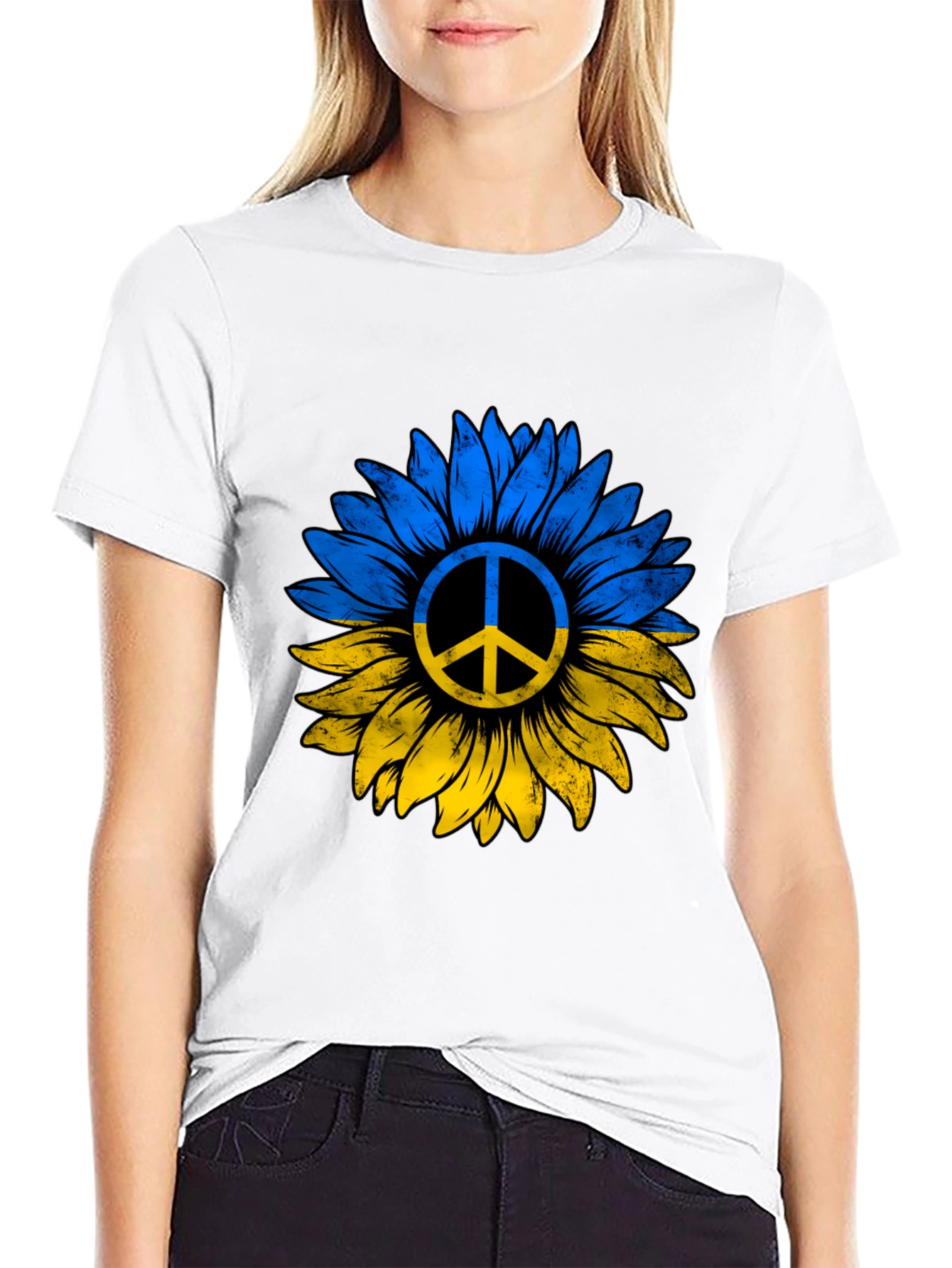Ukraine Sunflower Peace Sign Black T-Shirt