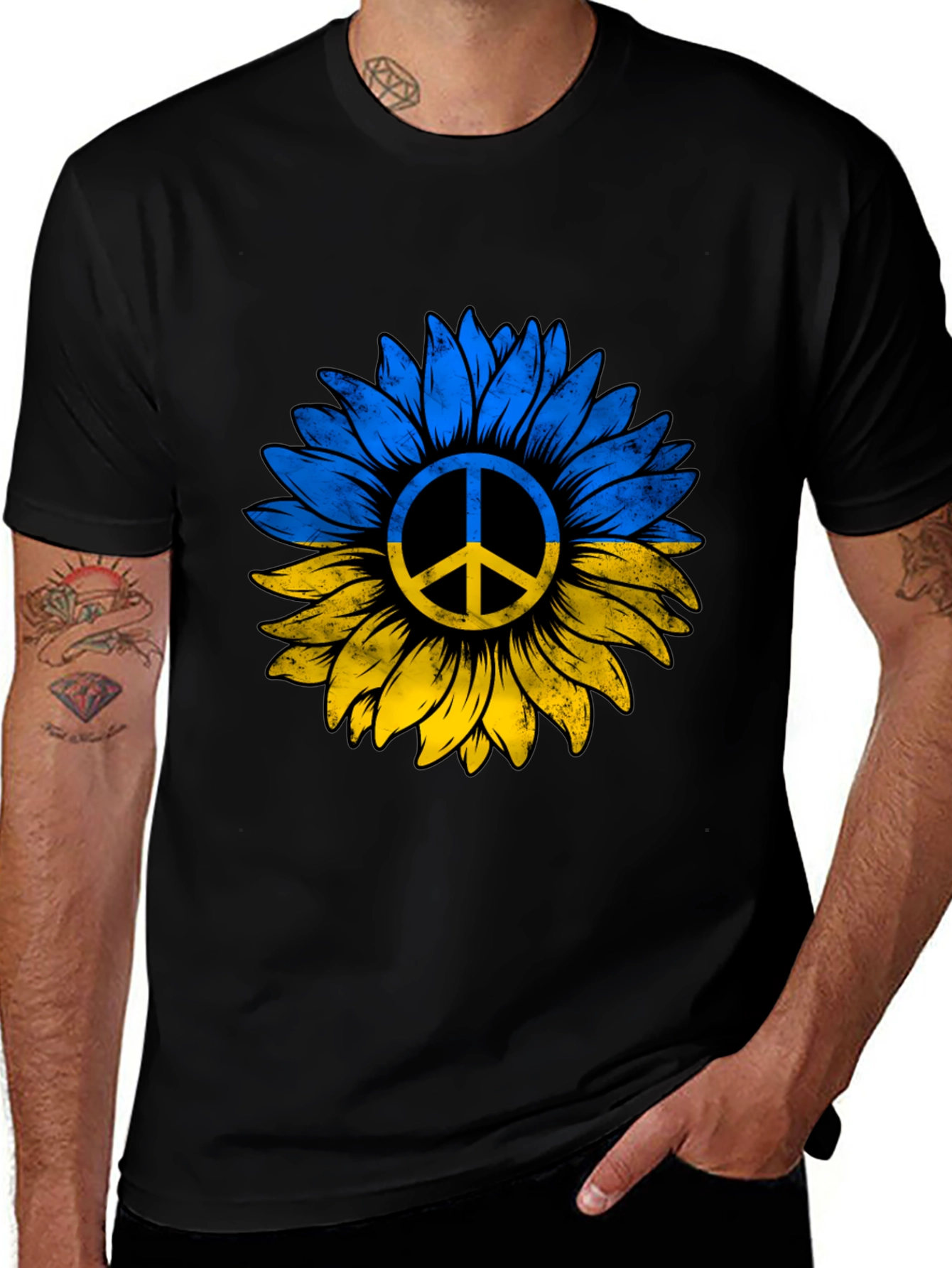 Ukraine Sunflower Peace Sign Black T-Shirt
