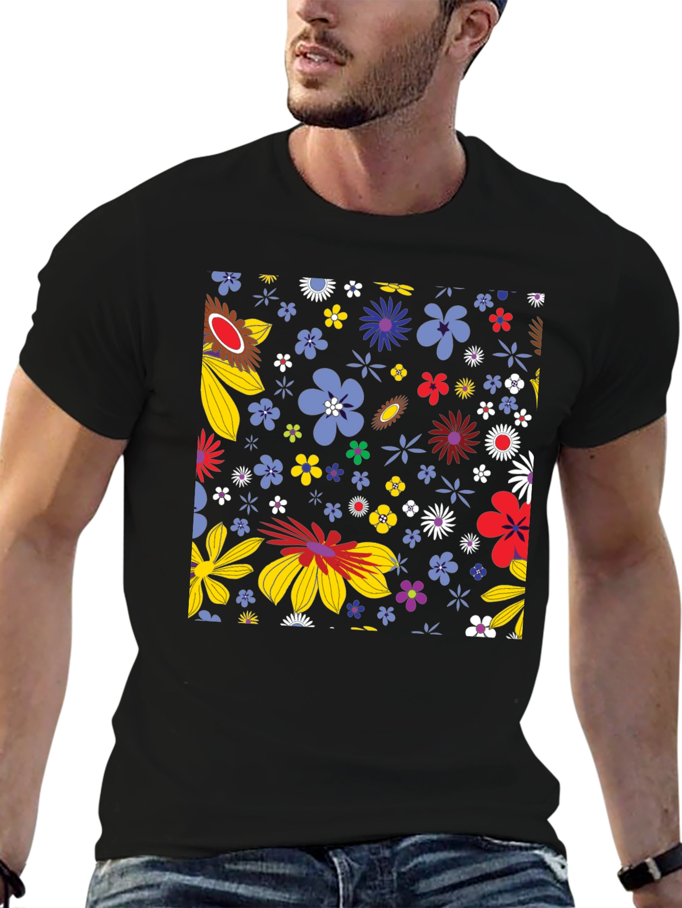 Floral Pattern Black T-Shirt