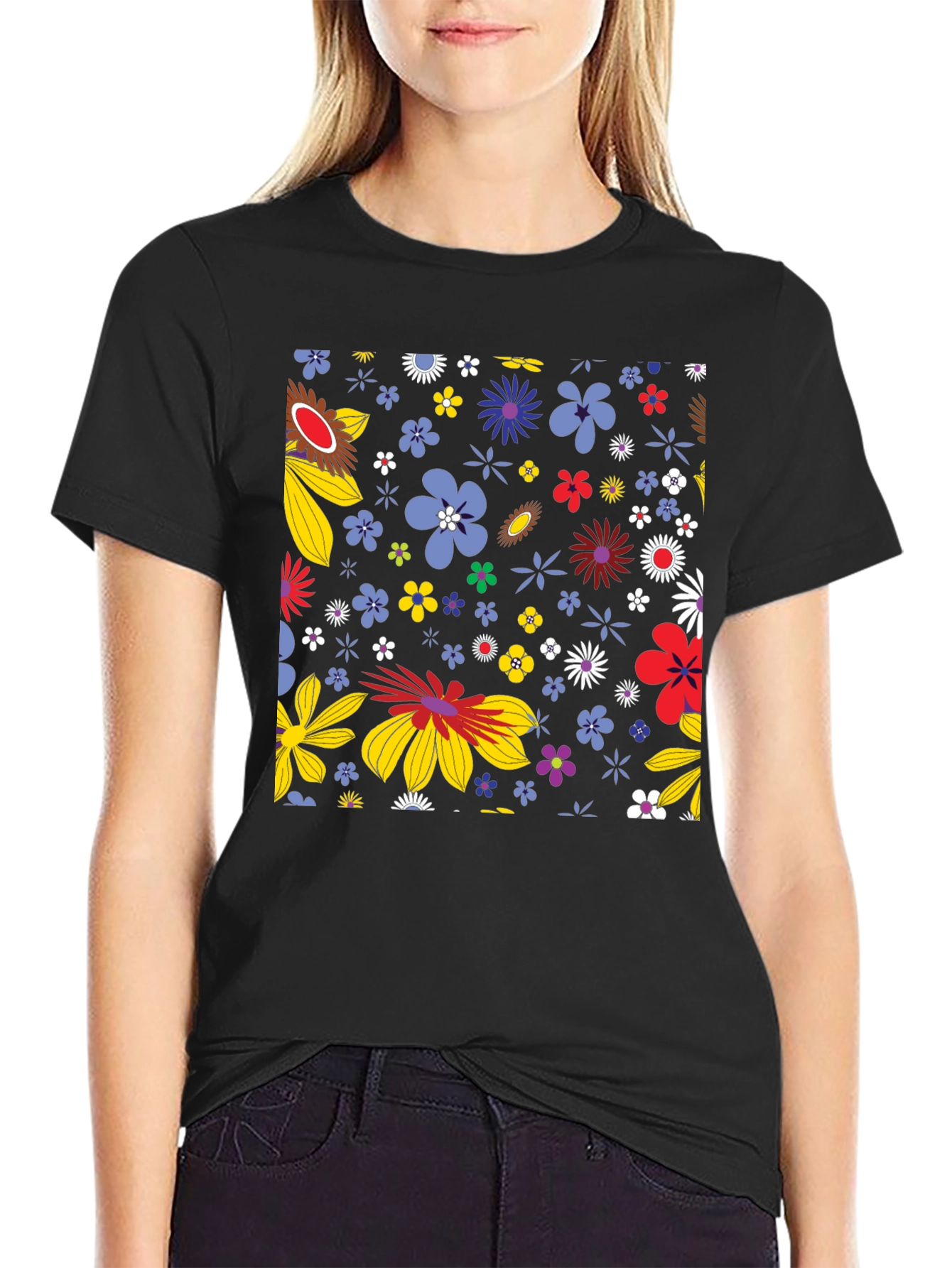 Floral Pattern Black T-Shirt