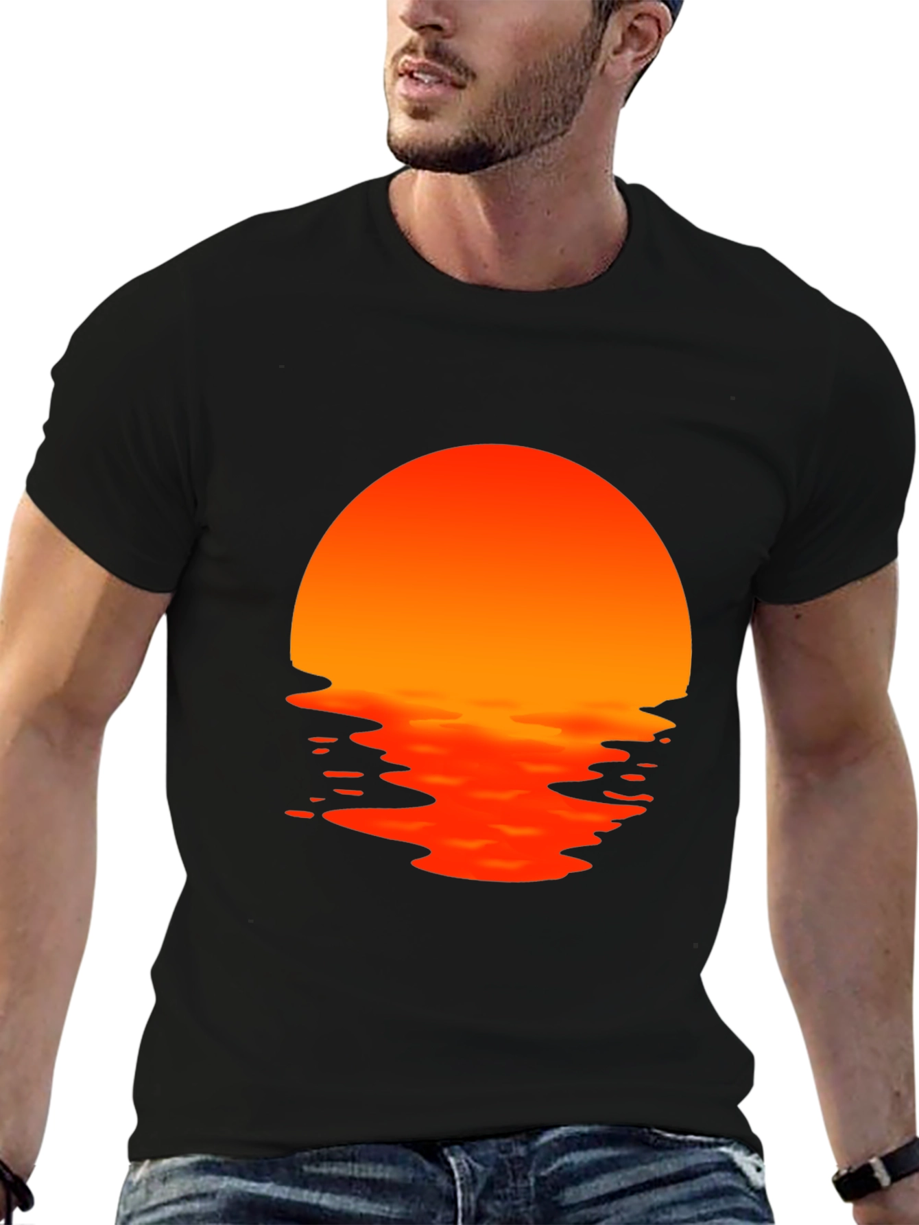Sunset Waves Graphic Tee - Black Cotton T-Shirt